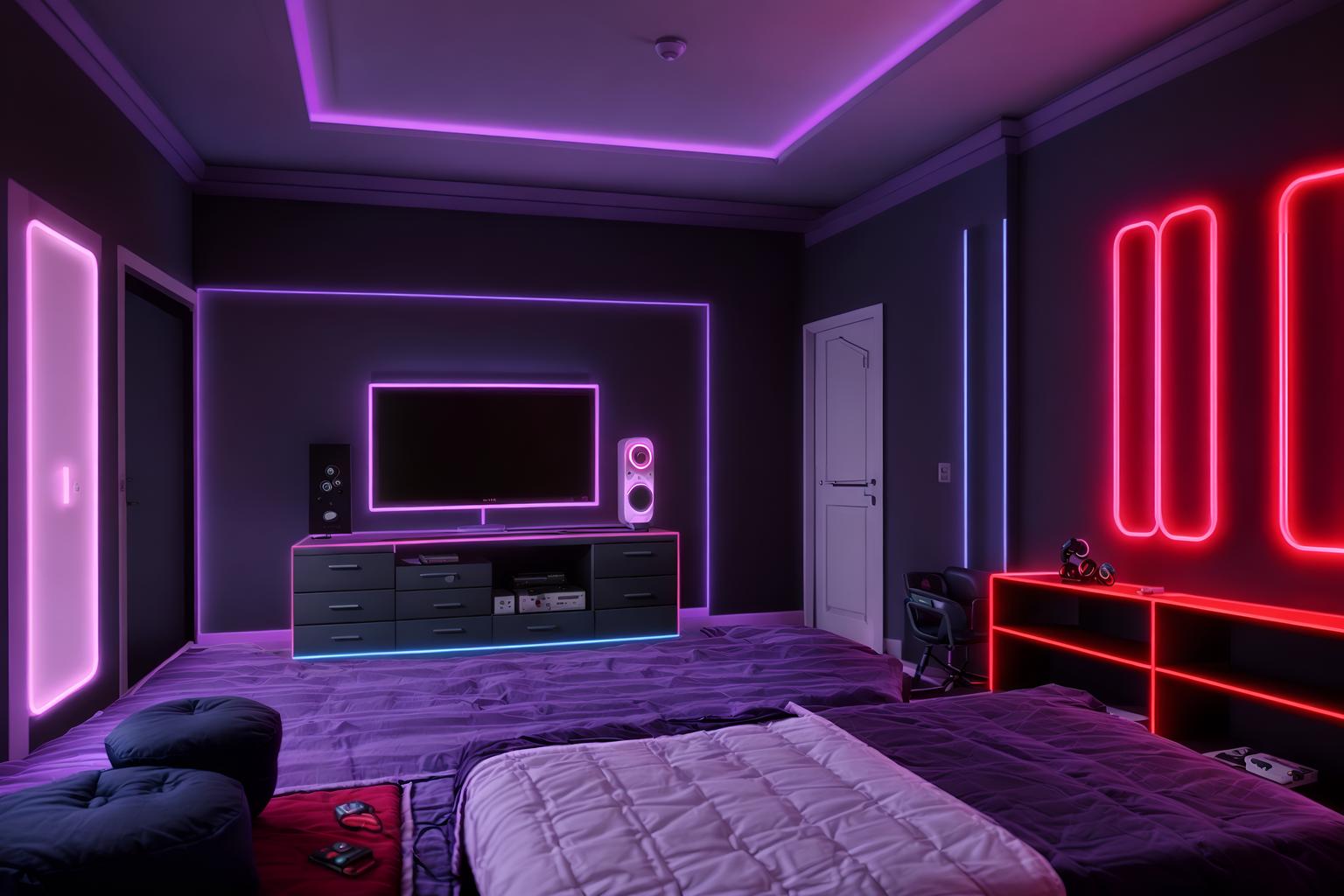 gaming room-style (bedroom interior) with storage bench or ottoman and accent chair and bed and bedside table or night stand and dresser closet and night light and mirror and headboard. . with purple and red lights and gaming chair and at night and purple, red and blue fade light and dark walls and neon letters on wall and neon lights and speakers. . cinematic photo, highly detailed, cinematic lighting, ultra-detailed, ultrarealistic, photorealism, 8k. gaming room interior design style. masterpiece, cinematic light, ultrarealistic+, photorealistic+, 8k, raw photo, realistic, sharp focus on eyes, (symmetrical eyes), (intact eyes), hyperrealistic, highest quality, best quality, , highly detailed, masterpiece, best quality, extremely detailed 8k wallpaper, masterpiece, best quality, ultra-detailed, best shadow, detailed background, detailed face, detailed eyes, high contrast, best illumination, detailed face, dulux, caustic, dynamic angle, detailed glow. dramatic lighting. highly detailed, insanely detailed hair, symmetrical, intricate details, professionally retouched, 8k high definition. strong bokeh. award winning photo.