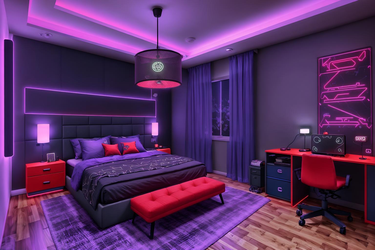 gaming room-style (bedroom interior) with storage bench or ottoman and accent chair and bed and bedside table or night stand and dresser closet and night light and mirror and headboard. . with purple and red lights and gaming chair and at night and purple, red and blue fade light and dark walls and neon letters on wall and neon lights and speakers. . cinematic photo, highly detailed, cinematic lighting, ultra-detailed, ultrarealistic, photorealism, 8k. gaming room interior design style. masterpiece, cinematic light, ultrarealistic+, photorealistic+, 8k, raw photo, realistic, sharp focus on eyes, (symmetrical eyes), (intact eyes), hyperrealistic, highest quality, best quality, , highly detailed, masterpiece, best quality, extremely detailed 8k wallpaper, masterpiece, best quality, ultra-detailed, best shadow, detailed background, detailed face, detailed eyes, high contrast, best illumination, detailed face, dulux, caustic, dynamic angle, detailed glow. dramatic lighting. highly detailed, insanely detailed hair, symmetrical, intricate details, professionally retouched, 8k high definition. strong bokeh. award winning photo.