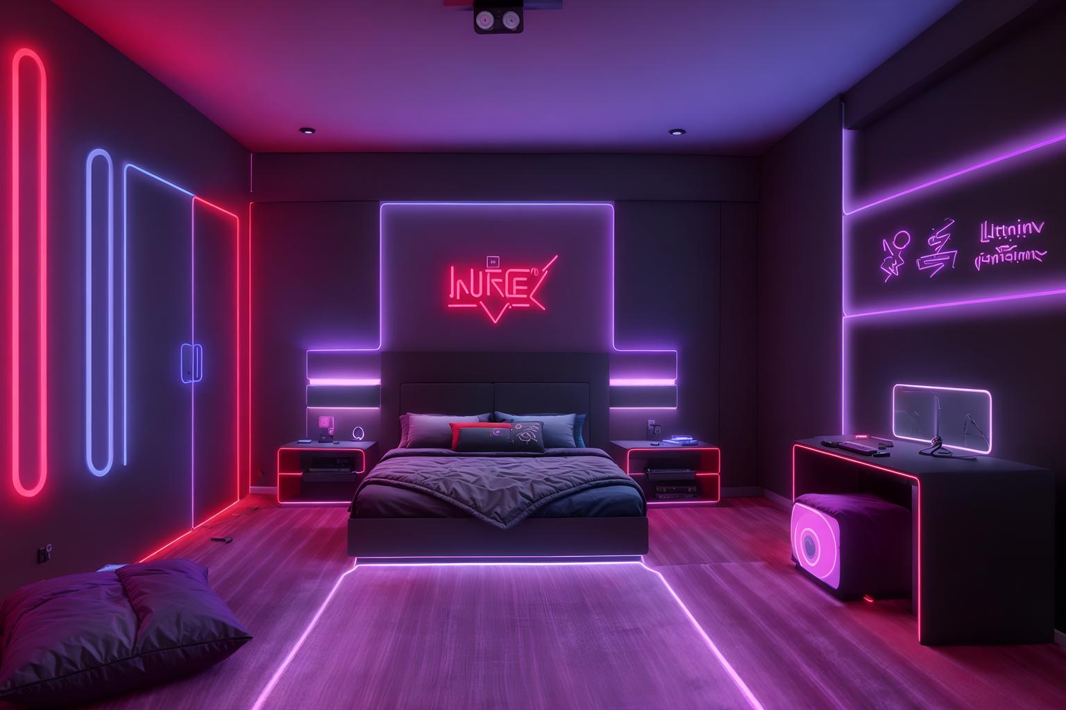 gaming room-style (bedroom interior) with storage bench or ottoman and accent chair and bed and bedside table or night stand and dresser closet and night light and mirror and headboard. . with purple and red lights and gaming chair and at night and purple, red and blue fade light and dark walls and neon letters on wall and neon lights and speakers. . cinematic photo, highly detailed, cinematic lighting, ultra-detailed, ultrarealistic, photorealism, 8k. gaming room interior design style. masterpiece, cinematic light, ultrarealistic+, photorealistic+, 8k, raw photo, realistic, sharp focus on eyes, (symmetrical eyes), (intact eyes), hyperrealistic, highest quality, best quality, , highly detailed, masterpiece, best quality, extremely detailed 8k wallpaper, masterpiece, best quality, ultra-detailed, best shadow, detailed background, detailed face, detailed eyes, high contrast, best illumination, detailed face, dulux, caustic, dynamic angle, detailed glow. dramatic lighting. highly detailed, insanely detailed hair, symmetrical, intricate details, professionally retouched, 8k high definition. strong bokeh. award winning photo.