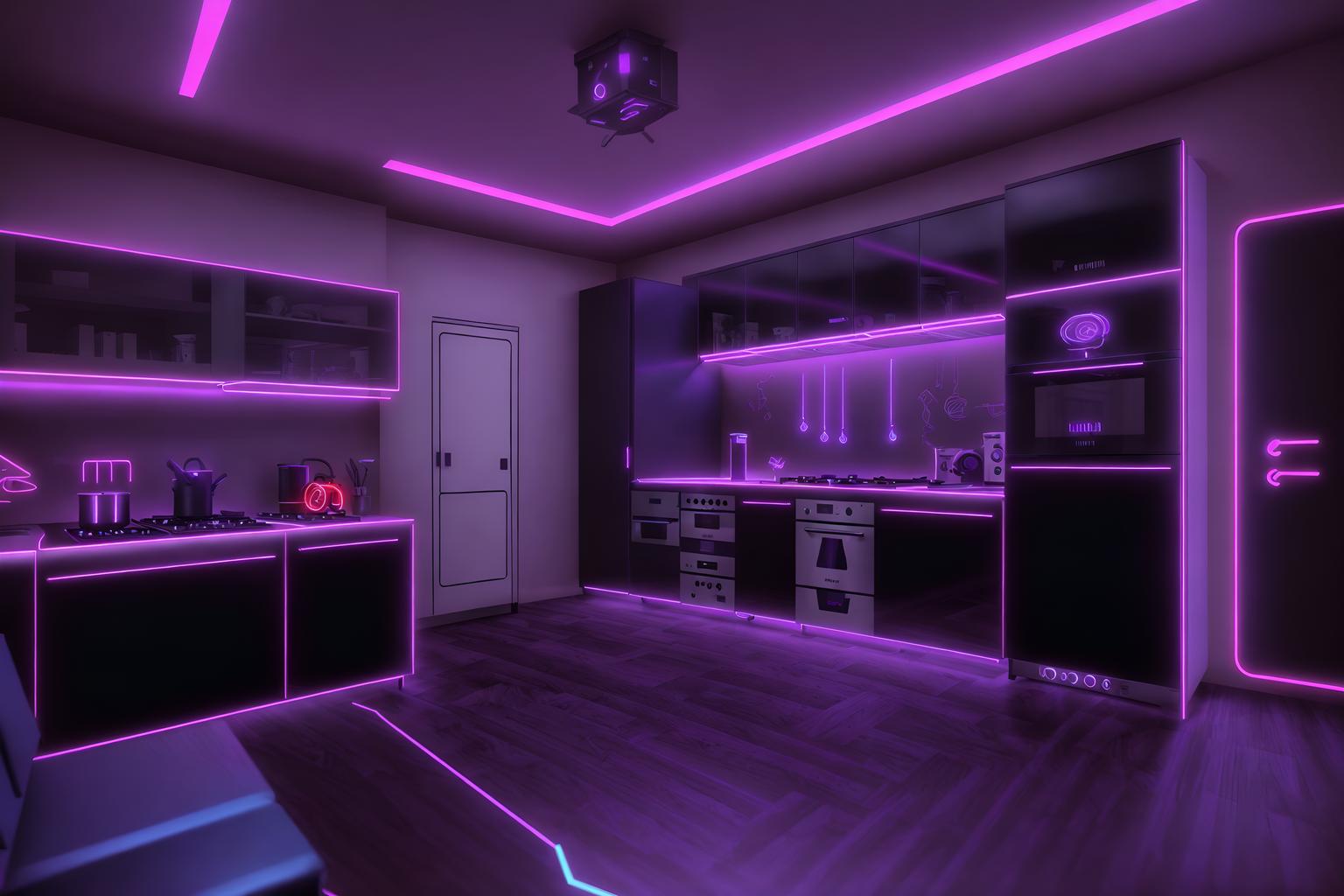 gaming room-style (kitchen interior) with worktops and plant and sink and kitchen cabinets and refrigerator and stove and worktops. . with multiple displays and dark room and speakers and neon letters on wall and purple and red lights and purple, red and blue fade light and gaming chair and at night. . cinematic photo, highly detailed, cinematic lighting, ultra-detailed, ultrarealistic, photorealism, 8k. gaming room interior design style. masterpiece, cinematic light, ultrarealistic+, photorealistic+, 8k, raw photo, realistic, sharp focus on eyes, (symmetrical eyes), (intact eyes), hyperrealistic, highest quality, best quality, , highly detailed, masterpiece, best quality, extremely detailed 8k wallpaper, masterpiece, best quality, ultra-detailed, best shadow, detailed background, detailed face, detailed eyes, high contrast, best illumination, detailed face, dulux, caustic, dynamic angle, detailed glow. dramatic lighting. highly detailed, insanely detailed hair, symmetrical, intricate details, professionally retouched, 8k high definition. strong bokeh. award winning photo.