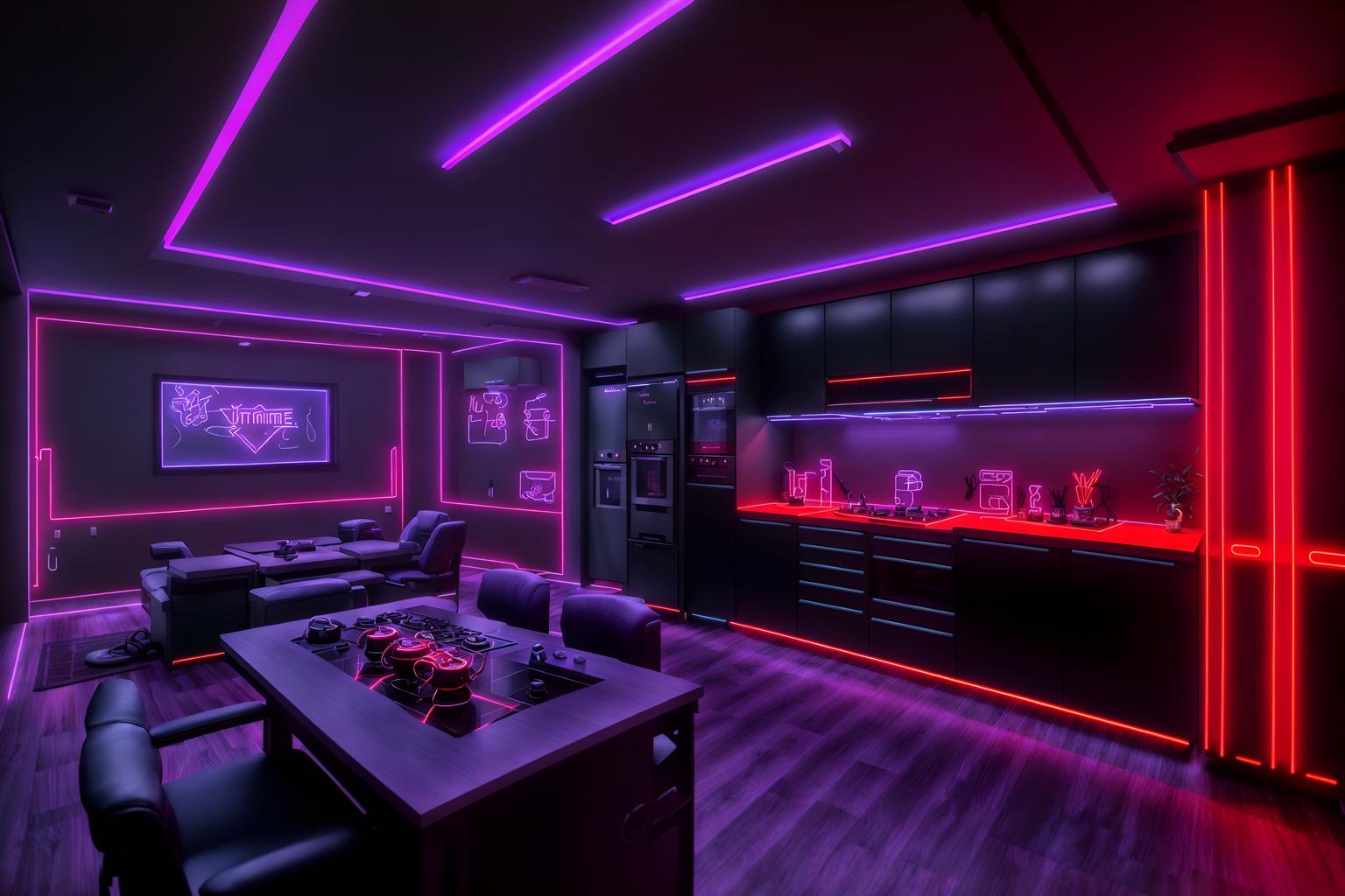 gaming room-style (kitchen interior) with worktops and plant and sink and kitchen cabinets and refrigerator and stove and worktops. . with multiple displays and dark room and speakers and neon letters on wall and purple and red lights and purple, red and blue fade light and gaming chair and at night. . cinematic photo, highly detailed, cinematic lighting, ultra-detailed, ultrarealistic, photorealism, 8k. gaming room interior design style. masterpiece, cinematic light, ultrarealistic+, photorealistic+, 8k, raw photo, realistic, sharp focus on eyes, (symmetrical eyes), (intact eyes), hyperrealistic, highest quality, best quality, , highly detailed, masterpiece, best quality, extremely detailed 8k wallpaper, masterpiece, best quality, ultra-detailed, best shadow, detailed background, detailed face, detailed eyes, high contrast, best illumination, detailed face, dulux, caustic, dynamic angle, detailed glow. dramatic lighting. highly detailed, insanely detailed hair, symmetrical, intricate details, professionally retouched, 8k high definition. strong bokeh. award winning photo.