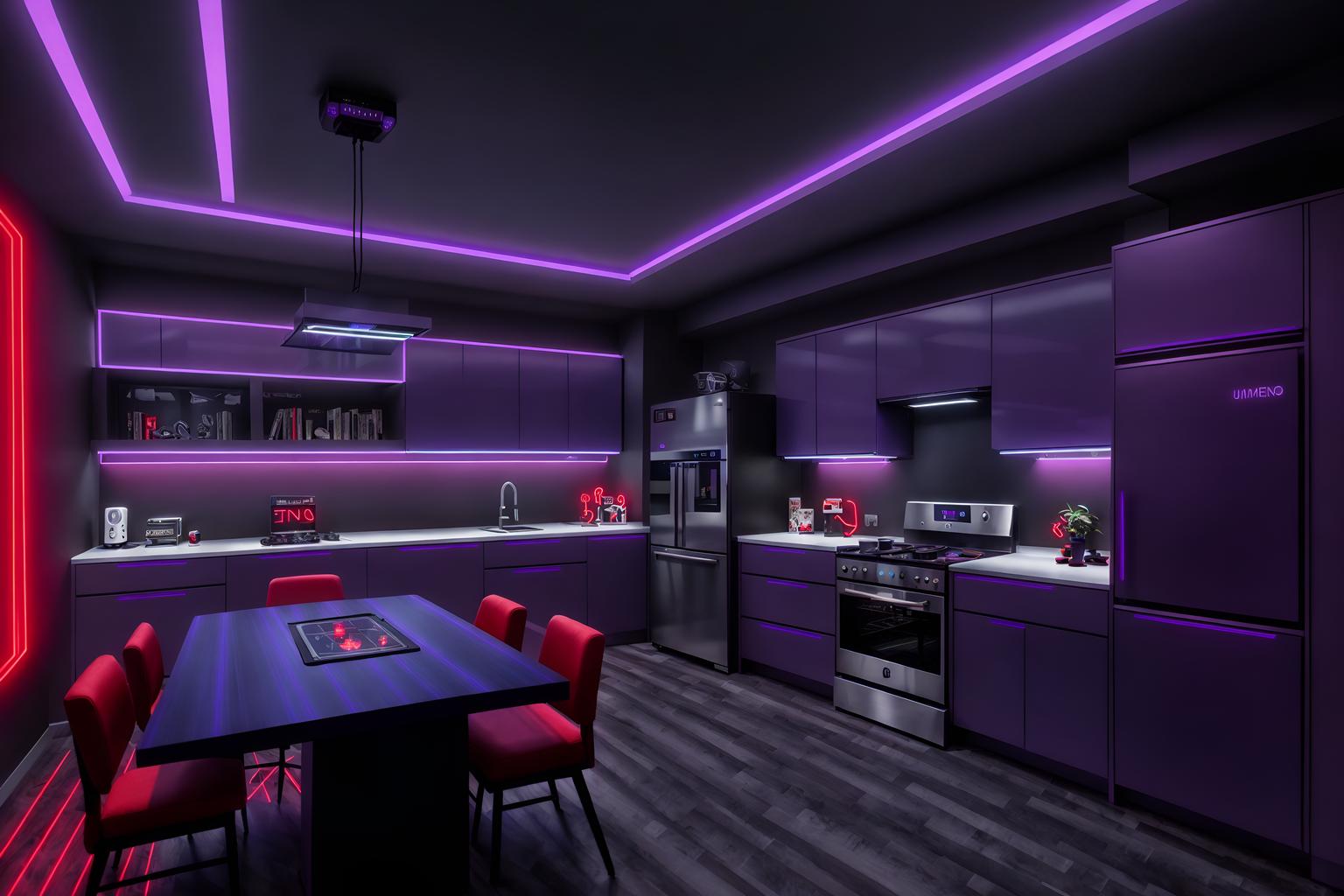 gaming room-style (kitchen interior) with worktops and plant and sink and kitchen cabinets and refrigerator and stove and worktops. . with multiple displays and dark room and speakers and neon letters on wall and purple and red lights and purple, red and blue fade light and gaming chair and at night. . cinematic photo, highly detailed, cinematic lighting, ultra-detailed, ultrarealistic, photorealism, 8k. gaming room interior design style. masterpiece, cinematic light, ultrarealistic+, photorealistic+, 8k, raw photo, realistic, sharp focus on eyes, (symmetrical eyes), (intact eyes), hyperrealistic, highest quality, best quality, , highly detailed, masterpiece, best quality, extremely detailed 8k wallpaper, masterpiece, best quality, ultra-detailed, best shadow, detailed background, detailed face, detailed eyes, high contrast, best illumination, detailed face, dulux, caustic, dynamic angle, detailed glow. dramatic lighting. highly detailed, insanely detailed hair, symmetrical, intricate details, professionally retouched, 8k high definition. strong bokeh. award winning photo.