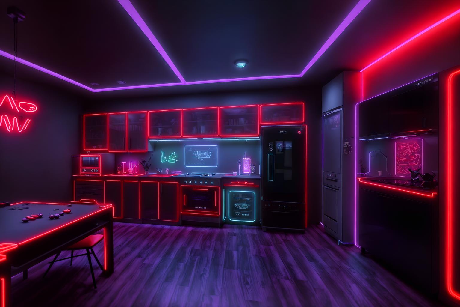 gaming room-style (kitchen interior) with worktops and plant and sink and kitchen cabinets and refrigerator and stove and worktops. . with multiple displays and dark room and speakers and neon letters on wall and purple and red lights and purple, red and blue fade light and gaming chair and at night. . cinematic photo, highly detailed, cinematic lighting, ultra-detailed, ultrarealistic, photorealism, 8k. gaming room interior design style. masterpiece, cinematic light, ultrarealistic+, photorealistic+, 8k, raw photo, realistic, sharp focus on eyes, (symmetrical eyes), (intact eyes), hyperrealistic, highest quality, best quality, , highly detailed, masterpiece, best quality, extremely detailed 8k wallpaper, masterpiece, best quality, ultra-detailed, best shadow, detailed background, detailed face, detailed eyes, high contrast, best illumination, detailed face, dulux, caustic, dynamic angle, detailed glow. dramatic lighting. highly detailed, insanely detailed hair, symmetrical, intricate details, professionally retouched, 8k high definition. strong bokeh. award winning photo.