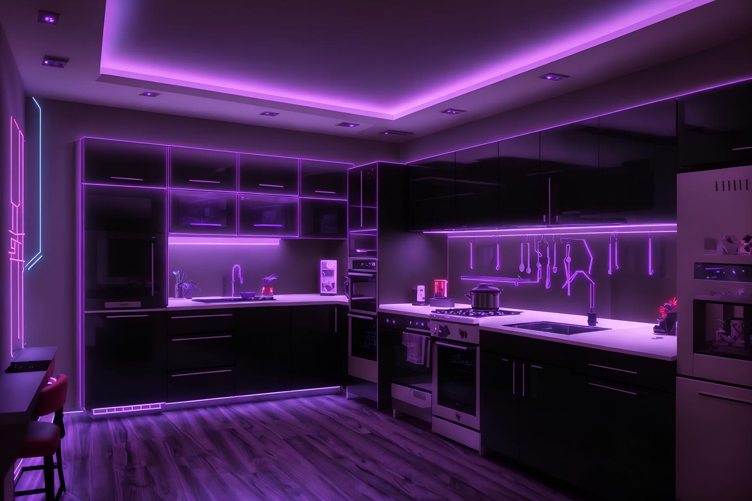 gaming room-style (kitchen interior) with worktops and plant and sink and kitchen cabinets and refrigerator and stove and worktops. . with multiple displays and dark room and speakers and neon letters on wall and purple and red lights and purple, red and blue fade light and gaming chair and at night. . cinematic photo, highly detailed, cinematic lighting, ultra-detailed, ultrarealistic, photorealism, 8k. gaming room interior design style. masterpiece, cinematic light, ultrarealistic+, photorealistic+, 8k, raw photo, realistic, sharp focus on eyes, (symmetrical eyes), (intact eyes), hyperrealistic, highest quality, best quality, , highly detailed, masterpiece, best quality, extremely detailed 8k wallpaper, masterpiece, best quality, ultra-detailed, best shadow, detailed background, detailed face, detailed eyes, high contrast, best illumination, detailed face, dulux, caustic, dynamic angle, detailed glow. dramatic lighting. highly detailed, insanely detailed hair, symmetrical, intricate details, professionally retouched, 8k high definition. strong bokeh. award winning photo.