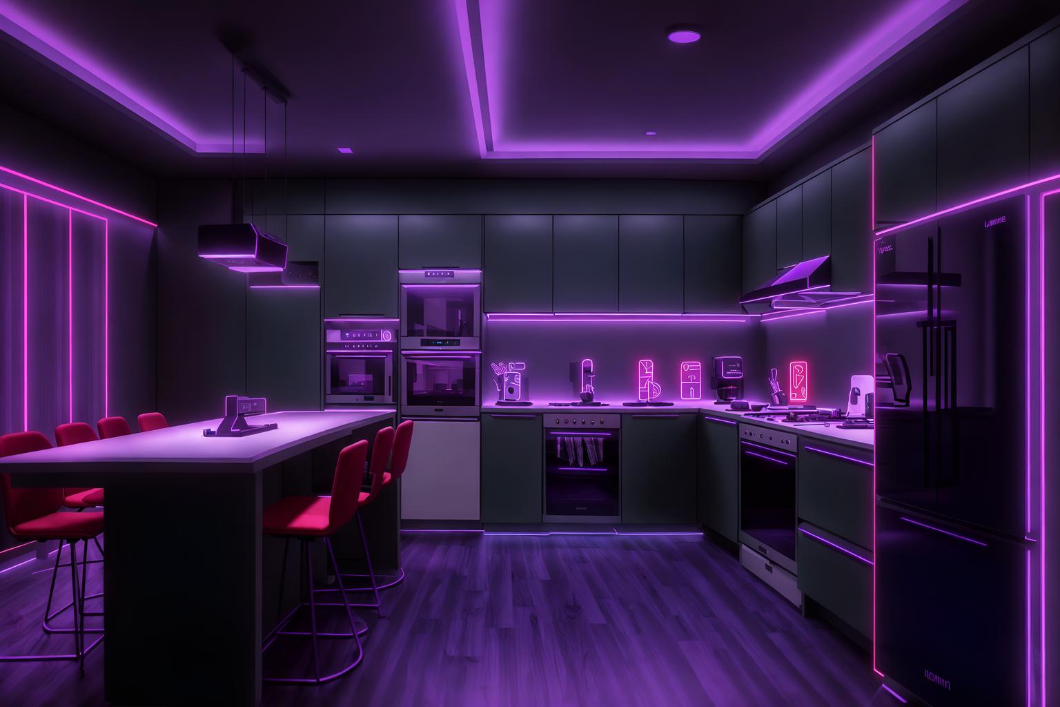 gaming room-style (kitchen interior) with worktops and plant and sink and kitchen cabinets and refrigerator and stove and worktops. . with multiple displays and dark room and speakers and neon letters on wall and purple and red lights and purple, red and blue fade light and gaming chair and at night. . cinematic photo, highly detailed, cinematic lighting, ultra-detailed, ultrarealistic, photorealism, 8k. gaming room interior design style. masterpiece, cinematic light, ultrarealistic+, photorealistic+, 8k, raw photo, realistic, sharp focus on eyes, (symmetrical eyes), (intact eyes), hyperrealistic, highest quality, best quality, , highly detailed, masterpiece, best quality, extremely detailed 8k wallpaper, masterpiece, best quality, ultra-detailed, best shadow, detailed background, detailed face, detailed eyes, high contrast, best illumination, detailed face, dulux, caustic, dynamic angle, detailed glow. dramatic lighting. highly detailed, insanely detailed hair, symmetrical, intricate details, professionally retouched, 8k high definition. strong bokeh. award winning photo.