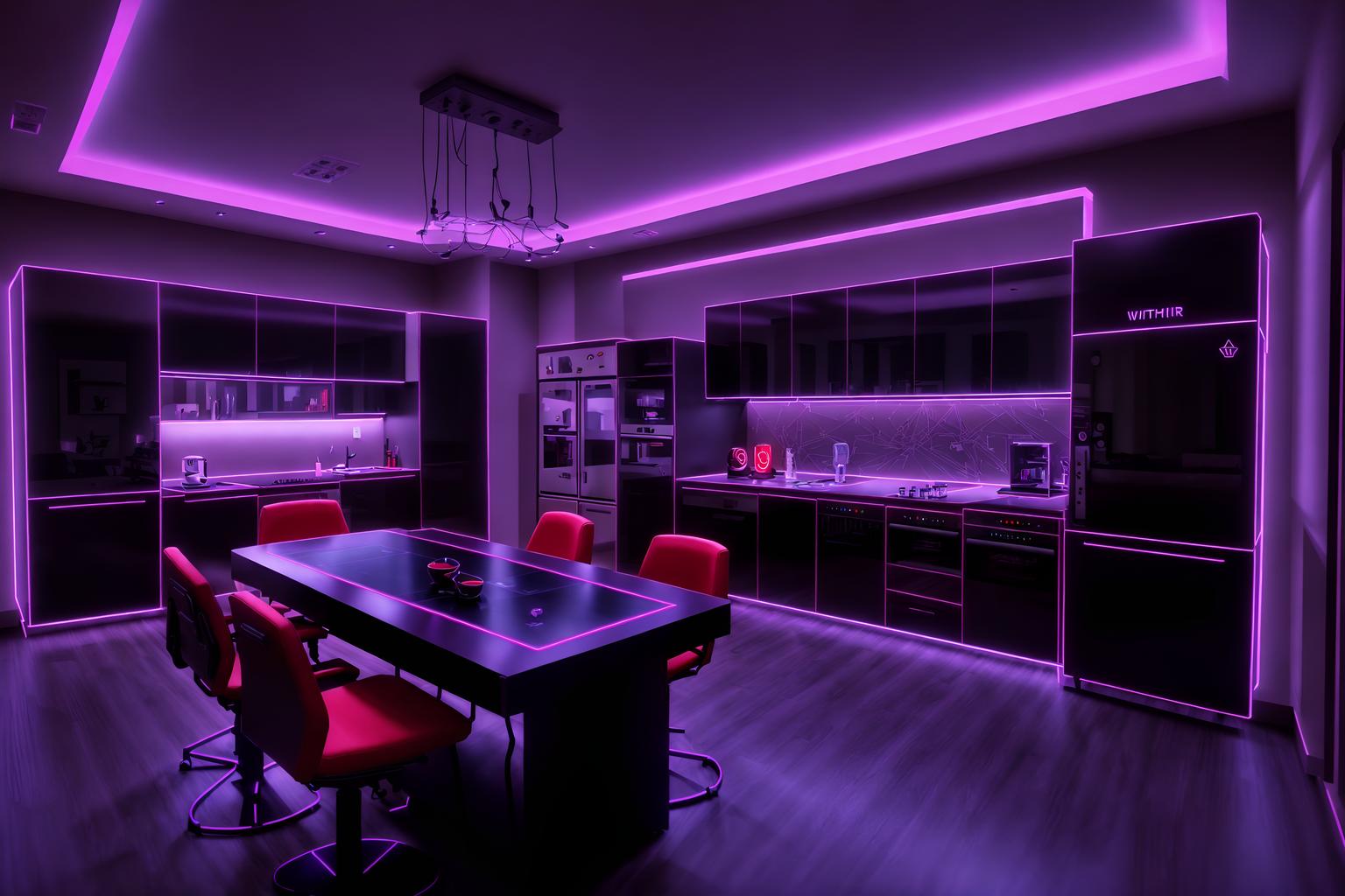 gaming room-style (kitchen interior) with worktops and plant and sink and kitchen cabinets and refrigerator and stove and worktops. . with multiple displays and dark room and speakers and neon letters on wall and purple and red lights and purple, red and blue fade light and gaming chair and at night. . cinematic photo, highly detailed, cinematic lighting, ultra-detailed, ultrarealistic, photorealism, 8k. gaming room interior design style. masterpiece, cinematic light, ultrarealistic+, photorealistic+, 8k, raw photo, realistic, sharp focus on eyes, (symmetrical eyes), (intact eyes), hyperrealistic, highest quality, best quality, , highly detailed, masterpiece, best quality, extremely detailed 8k wallpaper, masterpiece, best quality, ultra-detailed, best shadow, detailed background, detailed face, detailed eyes, high contrast, best illumination, detailed face, dulux, caustic, dynamic angle, detailed glow. dramatic lighting. highly detailed, insanely detailed hair, symmetrical, intricate details, professionally retouched, 8k high definition. strong bokeh. award winning photo.