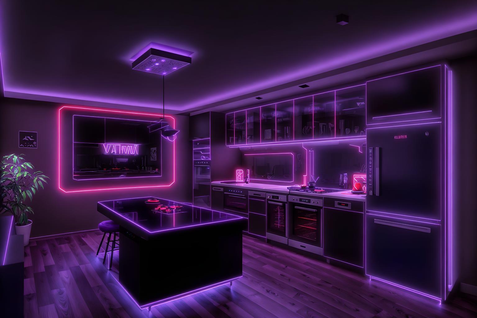 gaming room-style (kitchen interior) with worktops and plant and sink and kitchen cabinets and refrigerator and stove and worktops. . with multiple displays and dark room and speakers and neon letters on wall and purple and red lights and purple, red and blue fade light and gaming chair and at night. . cinematic photo, highly detailed, cinematic lighting, ultra-detailed, ultrarealistic, photorealism, 8k. gaming room interior design style. masterpiece, cinematic light, ultrarealistic+, photorealistic+, 8k, raw photo, realistic, sharp focus on eyes, (symmetrical eyes), (intact eyes), hyperrealistic, highest quality, best quality, , highly detailed, masterpiece, best quality, extremely detailed 8k wallpaper, masterpiece, best quality, ultra-detailed, best shadow, detailed background, detailed face, detailed eyes, high contrast, best illumination, detailed face, dulux, caustic, dynamic angle, detailed glow. dramatic lighting. highly detailed, insanely detailed hair, symmetrical, intricate details, professionally retouched, 8k high definition. strong bokeh. award winning photo.