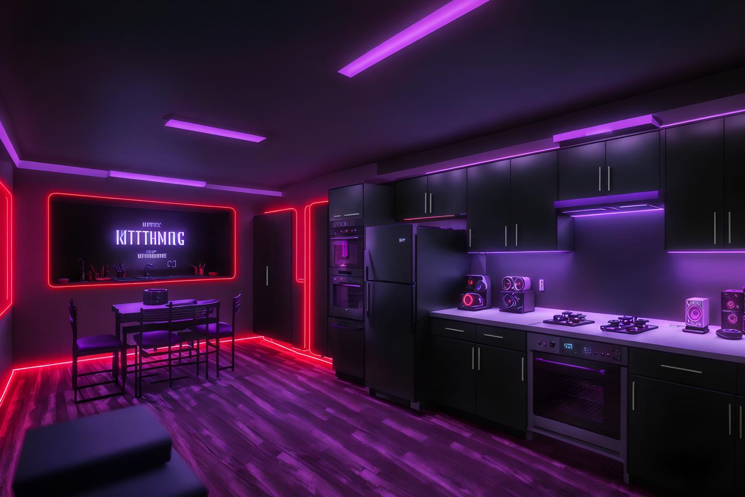 gaming room-style (kitchen interior) with worktops and plant and sink and kitchen cabinets and refrigerator and stove and worktops. . with multiple displays and dark room and speakers and neon letters on wall and purple and red lights and purple, red and blue fade light and gaming chair and at night. . cinematic photo, highly detailed, cinematic lighting, ultra-detailed, ultrarealistic, photorealism, 8k. gaming room interior design style. masterpiece, cinematic light, ultrarealistic+, photorealistic+, 8k, raw photo, realistic, sharp focus on eyes, (symmetrical eyes), (intact eyes), hyperrealistic, highest quality, best quality, , highly detailed, masterpiece, best quality, extremely detailed 8k wallpaper, masterpiece, best quality, ultra-detailed, best shadow, detailed background, detailed face, detailed eyes, high contrast, best illumination, detailed face, dulux, caustic, dynamic angle, detailed glow. dramatic lighting. highly detailed, insanely detailed hair, symmetrical, intricate details, professionally retouched, 8k high definition. strong bokeh. award winning photo.