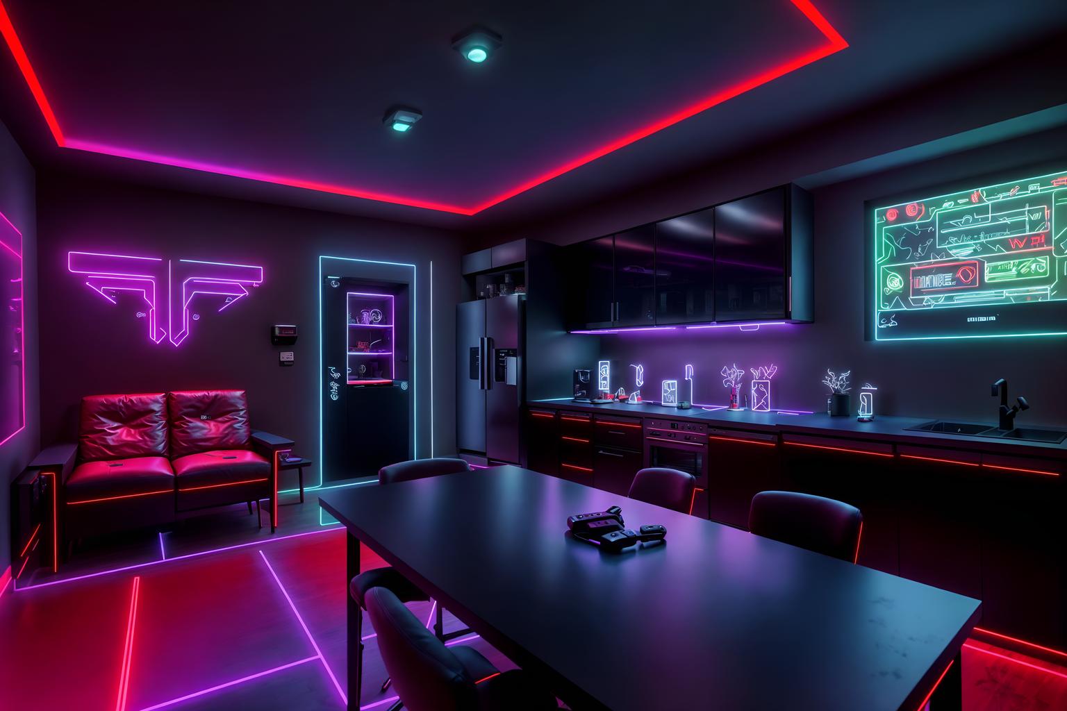 gaming room-style (kitchen interior) with worktops and plant and sink and kitchen cabinets and refrigerator and stove and worktops. . with multiple displays and dark room and speakers and neon letters on wall and purple and red lights and purple, red and blue fade light and gaming chair and at night. . cinematic photo, highly detailed, cinematic lighting, ultra-detailed, ultrarealistic, photorealism, 8k. gaming room interior design style. masterpiece, cinematic light, ultrarealistic+, photorealistic+, 8k, raw photo, realistic, sharp focus on eyes, (symmetrical eyes), (intact eyes), hyperrealistic, highest quality, best quality, , highly detailed, masterpiece, best quality, extremely detailed 8k wallpaper, masterpiece, best quality, ultra-detailed, best shadow, detailed background, detailed face, detailed eyes, high contrast, best illumination, detailed face, dulux, caustic, dynamic angle, detailed glow. dramatic lighting. highly detailed, insanely detailed hair, symmetrical, intricate details, professionally retouched, 8k high definition. strong bokeh. award winning photo.