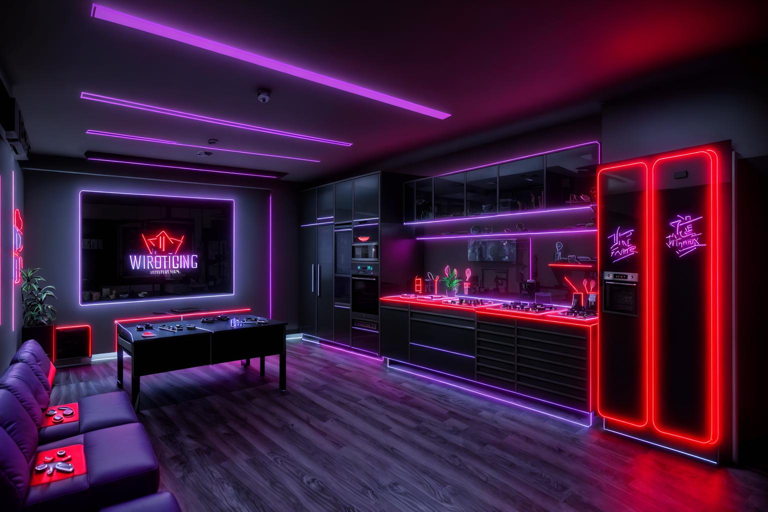 gaming room-style (kitchen interior) with worktops and plant and sink and kitchen cabinets and refrigerator and stove and worktops. . with multiple displays and dark room and speakers and neon letters on wall and purple and red lights and purple, red and blue fade light and gaming chair and at night. . cinematic photo, highly detailed, cinematic lighting, ultra-detailed, ultrarealistic, photorealism, 8k. gaming room interior design style. masterpiece, cinematic light, ultrarealistic+, photorealistic+, 8k, raw photo, realistic, sharp focus on eyes, (symmetrical eyes), (intact eyes), hyperrealistic, highest quality, best quality, , highly detailed, masterpiece, best quality, extremely detailed 8k wallpaper, masterpiece, best quality, ultra-detailed, best shadow, detailed background, detailed face, detailed eyes, high contrast, best illumination, detailed face, dulux, caustic, dynamic angle, detailed glow. dramatic lighting. highly detailed, insanely detailed hair, symmetrical, intricate details, professionally retouched, 8k high definition. strong bokeh. award winning photo.