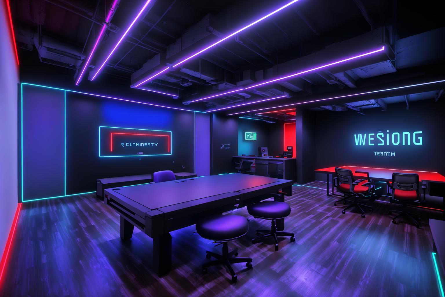 gaming room-style (coworking space interior) with office desks and seating area with sofa and lounge chairs and office chairs and office desks. . with multiple displays and speakers and at night and gaming chair and neon letters on wall and purple, red and blue fade light and dark room and dark walls. . cinematic photo, highly detailed, cinematic lighting, ultra-detailed, ultrarealistic, photorealism, 8k. gaming room interior design style. masterpiece, cinematic light, ultrarealistic+, photorealistic+, 8k, raw photo, realistic, sharp focus on eyes, (symmetrical eyes), (intact eyes), hyperrealistic, highest quality, best quality, , highly detailed, masterpiece, best quality, extremely detailed 8k wallpaper, masterpiece, best quality, ultra-detailed, best shadow, detailed background, detailed face, detailed eyes, high contrast, best illumination, detailed face, dulux, caustic, dynamic angle, detailed glow. dramatic lighting. highly detailed, insanely detailed hair, symmetrical, intricate details, professionally retouched, 8k high definition. strong bokeh. award winning photo.