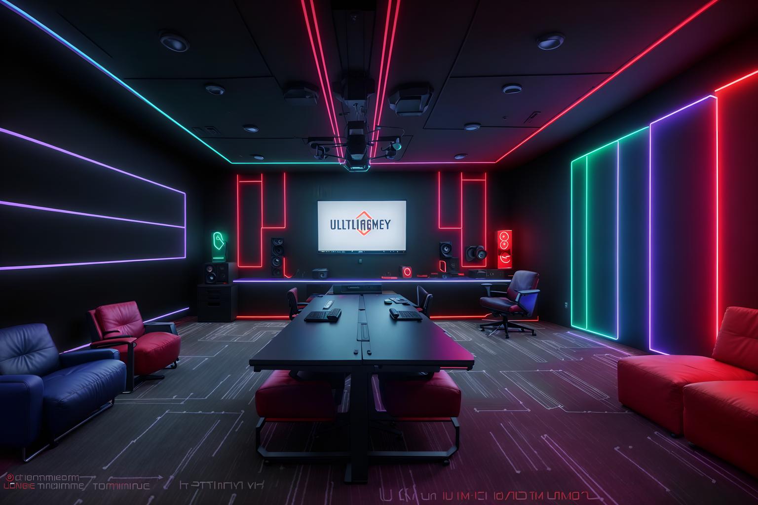 gaming room-style (coworking space interior) with office desks and seating area with sofa and lounge chairs and office chairs and office desks. . with multiple displays and speakers and at night and gaming chair and neon letters on wall and purple, red and blue fade light and dark room and dark walls. . cinematic photo, highly detailed, cinematic lighting, ultra-detailed, ultrarealistic, photorealism, 8k. gaming room interior design style. masterpiece, cinematic light, ultrarealistic+, photorealistic+, 8k, raw photo, realistic, sharp focus on eyes, (symmetrical eyes), (intact eyes), hyperrealistic, highest quality, best quality, , highly detailed, masterpiece, best quality, extremely detailed 8k wallpaper, masterpiece, best quality, ultra-detailed, best shadow, detailed background, detailed face, detailed eyes, high contrast, best illumination, detailed face, dulux, caustic, dynamic angle, detailed glow. dramatic lighting. highly detailed, insanely detailed hair, symmetrical, intricate details, professionally retouched, 8k high definition. strong bokeh. award winning photo.