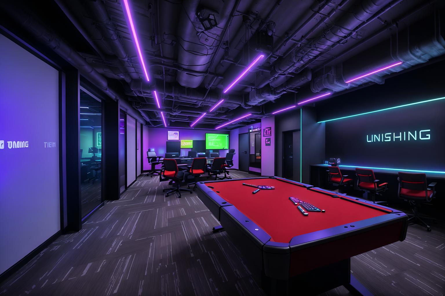 gaming room-style (coworking space interior) with office desks and seating area with sofa and lounge chairs and office chairs and office desks. . with multiple displays and speakers and at night and gaming chair and neon letters on wall and purple, red and blue fade light and dark room and dark walls. . cinematic photo, highly detailed, cinematic lighting, ultra-detailed, ultrarealistic, photorealism, 8k. gaming room interior design style. masterpiece, cinematic light, ultrarealistic+, photorealistic+, 8k, raw photo, realistic, sharp focus on eyes, (symmetrical eyes), (intact eyes), hyperrealistic, highest quality, best quality, , highly detailed, masterpiece, best quality, extremely detailed 8k wallpaper, masterpiece, best quality, ultra-detailed, best shadow, detailed background, detailed face, detailed eyes, high contrast, best illumination, detailed face, dulux, caustic, dynamic angle, detailed glow. dramatic lighting. highly detailed, insanely detailed hair, symmetrical, intricate details, professionally retouched, 8k high definition. strong bokeh. award winning photo.