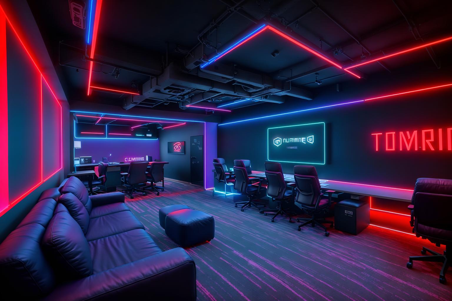 gaming room-style (coworking space interior) with office desks and seating area with sofa and lounge chairs and office chairs and office desks. . with multiple displays and speakers and at night and gaming chair and neon letters on wall and purple, red and blue fade light and dark room and dark walls. . cinematic photo, highly detailed, cinematic lighting, ultra-detailed, ultrarealistic, photorealism, 8k. gaming room interior design style. masterpiece, cinematic light, ultrarealistic+, photorealistic+, 8k, raw photo, realistic, sharp focus on eyes, (symmetrical eyes), (intact eyes), hyperrealistic, highest quality, best quality, , highly detailed, masterpiece, best quality, extremely detailed 8k wallpaper, masterpiece, best quality, ultra-detailed, best shadow, detailed background, detailed face, detailed eyes, high contrast, best illumination, detailed face, dulux, caustic, dynamic angle, detailed glow. dramatic lighting. highly detailed, insanely detailed hair, symmetrical, intricate details, professionally retouched, 8k high definition. strong bokeh. award winning photo.