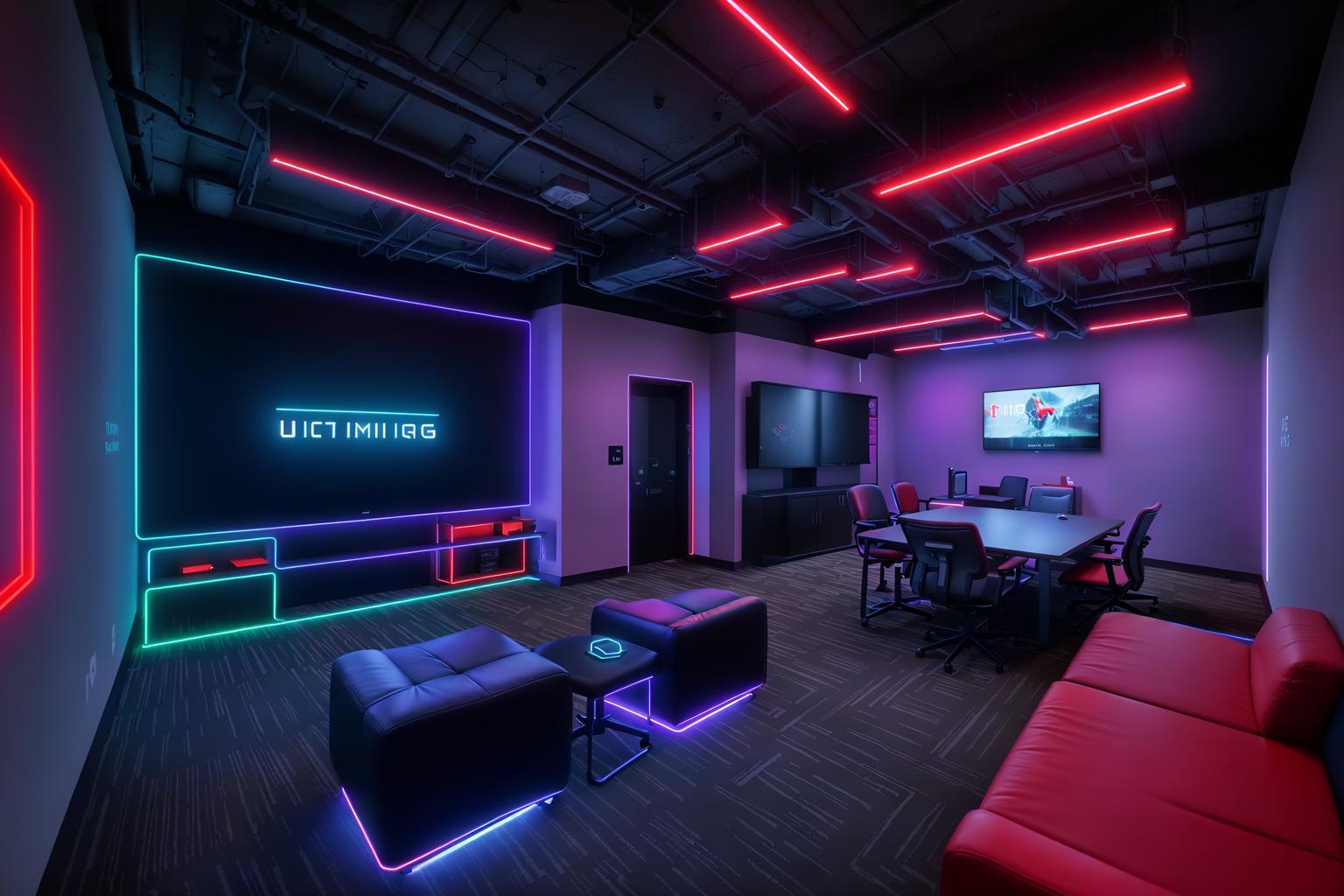 gaming room-style (coworking space interior) with office desks and seating area with sofa and lounge chairs and office chairs and office desks. . with multiple displays and speakers and at night and gaming chair and neon letters on wall and purple, red and blue fade light and dark room and dark walls. . cinematic photo, highly detailed, cinematic lighting, ultra-detailed, ultrarealistic, photorealism, 8k. gaming room interior design style. masterpiece, cinematic light, ultrarealistic+, photorealistic+, 8k, raw photo, realistic, sharp focus on eyes, (symmetrical eyes), (intact eyes), hyperrealistic, highest quality, best quality, , highly detailed, masterpiece, best quality, extremely detailed 8k wallpaper, masterpiece, best quality, ultra-detailed, best shadow, detailed background, detailed face, detailed eyes, high contrast, best illumination, detailed face, dulux, caustic, dynamic angle, detailed glow. dramatic lighting. highly detailed, insanely detailed hair, symmetrical, intricate details, professionally retouched, 8k high definition. strong bokeh. award winning photo.