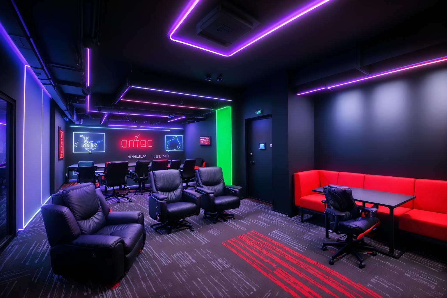 gaming room-style (coworking space interior) with office desks and seating area with sofa and lounge chairs and office chairs and office desks. . with multiple displays and speakers and at night and gaming chair and neon letters on wall and purple, red and blue fade light and dark room and dark walls. . cinematic photo, highly detailed, cinematic lighting, ultra-detailed, ultrarealistic, photorealism, 8k. gaming room interior design style. masterpiece, cinematic light, ultrarealistic+, photorealistic+, 8k, raw photo, realistic, sharp focus on eyes, (symmetrical eyes), (intact eyes), hyperrealistic, highest quality, best quality, , highly detailed, masterpiece, best quality, extremely detailed 8k wallpaper, masterpiece, best quality, ultra-detailed, best shadow, detailed background, detailed face, detailed eyes, high contrast, best illumination, detailed face, dulux, caustic, dynamic angle, detailed glow. dramatic lighting. highly detailed, insanely detailed hair, symmetrical, intricate details, professionally retouched, 8k high definition. strong bokeh. award winning photo.