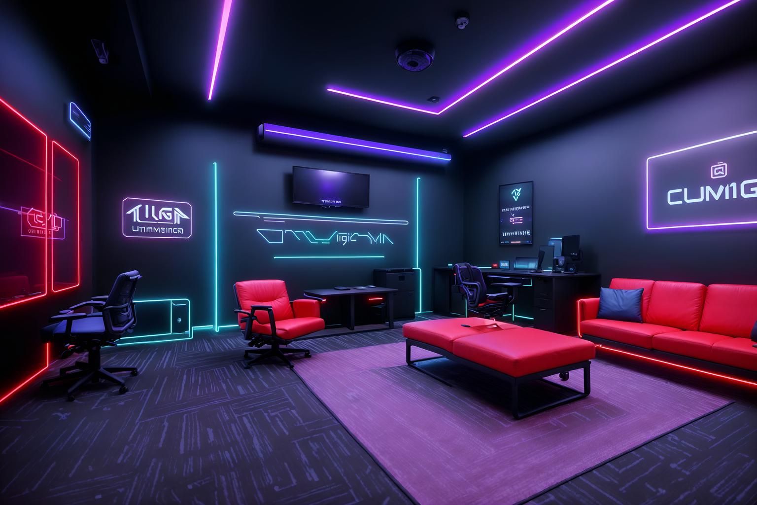 gaming room-style (coworking space interior) with office desks and seating area with sofa and lounge chairs and office chairs and office desks. . with multiple displays and speakers and at night and gaming chair and neon letters on wall and purple, red and blue fade light and dark room and dark walls. . cinematic photo, highly detailed, cinematic lighting, ultra-detailed, ultrarealistic, photorealism, 8k. gaming room interior design style. masterpiece, cinematic light, ultrarealistic+, photorealistic+, 8k, raw photo, realistic, sharp focus on eyes, (symmetrical eyes), (intact eyes), hyperrealistic, highest quality, best quality, , highly detailed, masterpiece, best quality, extremely detailed 8k wallpaper, masterpiece, best quality, ultra-detailed, best shadow, detailed background, detailed face, detailed eyes, high contrast, best illumination, detailed face, dulux, caustic, dynamic angle, detailed glow. dramatic lighting. highly detailed, insanely detailed hair, symmetrical, intricate details, professionally retouched, 8k high definition. strong bokeh. award winning photo.