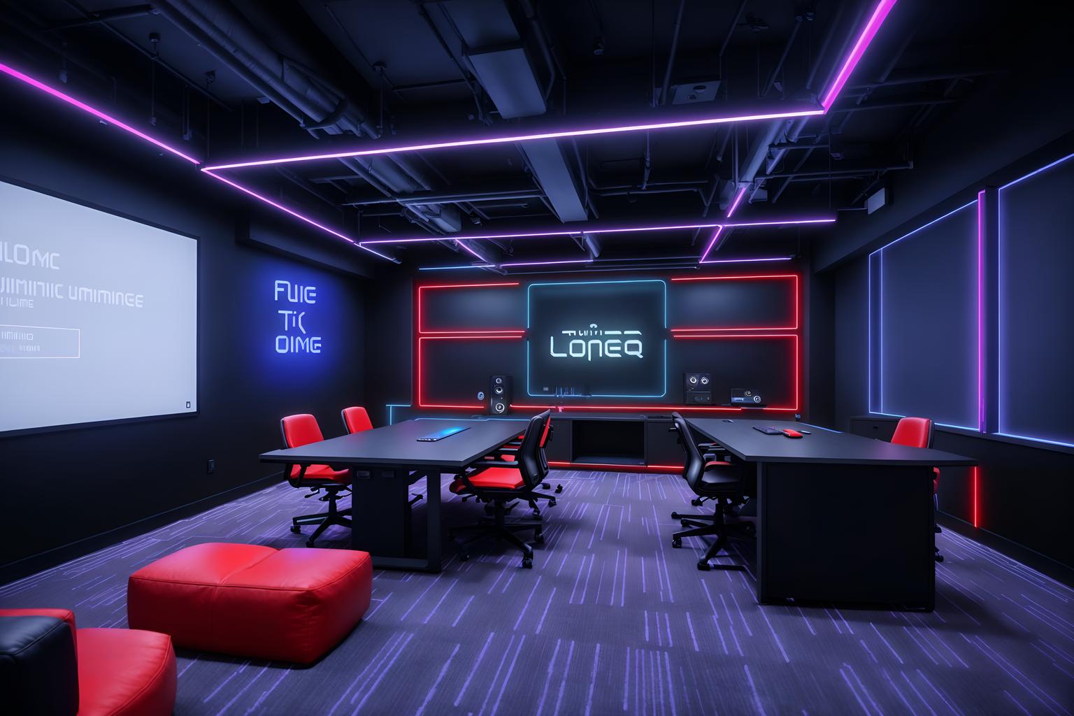 gaming room-style (coworking space interior) with office desks and seating area with sofa and lounge chairs and office chairs and office desks. . with multiple displays and speakers and at night and gaming chair and neon letters on wall and purple, red and blue fade light and dark room and dark walls. . cinematic photo, highly detailed, cinematic lighting, ultra-detailed, ultrarealistic, photorealism, 8k. gaming room interior design style. masterpiece, cinematic light, ultrarealistic+, photorealistic+, 8k, raw photo, realistic, sharp focus on eyes, (symmetrical eyes), (intact eyes), hyperrealistic, highest quality, best quality, , highly detailed, masterpiece, best quality, extremely detailed 8k wallpaper, masterpiece, best quality, ultra-detailed, best shadow, detailed background, detailed face, detailed eyes, high contrast, best illumination, detailed face, dulux, caustic, dynamic angle, detailed glow. dramatic lighting. highly detailed, insanely detailed hair, symmetrical, intricate details, professionally retouched, 8k high definition. strong bokeh. award winning photo.