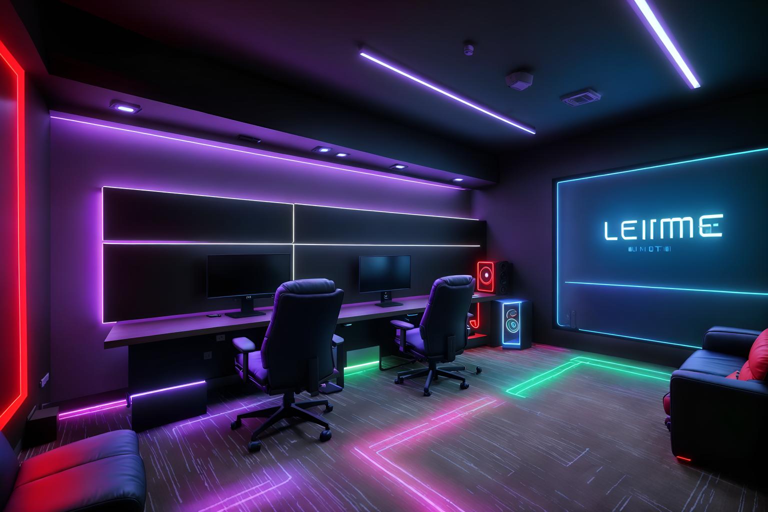 gaming room-style (coworking space interior) with office desks and seating area with sofa and lounge chairs and office chairs and office desks. . with multiple displays and speakers and at night and gaming chair and neon letters on wall and purple, red and blue fade light and dark room and dark walls. . cinematic photo, highly detailed, cinematic lighting, ultra-detailed, ultrarealistic, photorealism, 8k. gaming room interior design style. masterpiece, cinematic light, ultrarealistic+, photorealistic+, 8k, raw photo, realistic, sharp focus on eyes, (symmetrical eyes), (intact eyes), hyperrealistic, highest quality, best quality, , highly detailed, masterpiece, best quality, extremely detailed 8k wallpaper, masterpiece, best quality, ultra-detailed, best shadow, detailed background, detailed face, detailed eyes, high contrast, best illumination, detailed face, dulux, caustic, dynamic angle, detailed glow. dramatic lighting. highly detailed, insanely detailed hair, symmetrical, intricate details, professionally retouched, 8k high definition. strong bokeh. award winning photo.