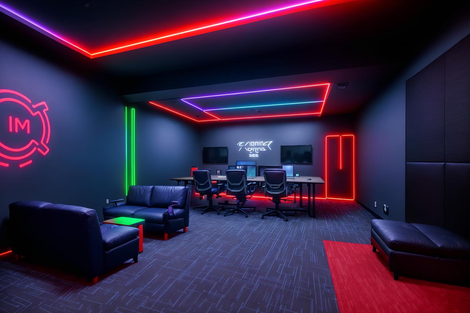 gaming room-style (coworking space interior) with office desks and seating area with sofa and lounge chairs and office chairs and office desks. . with multiple displays and speakers and at night and gaming chair and neon letters on wall and purple, red and blue fade light and dark room and dark walls. . cinematic photo, highly detailed, cinematic lighting, ultra-detailed, ultrarealistic, photorealism, 8k. gaming room interior design style. masterpiece, cinematic light, ultrarealistic+, photorealistic+, 8k, raw photo, realistic, sharp focus on eyes, (symmetrical eyes), (intact eyes), hyperrealistic, highest quality, best quality, , highly detailed, masterpiece, best quality, extremely detailed 8k wallpaper, masterpiece, best quality, ultra-detailed, best shadow, detailed background, detailed face, detailed eyes, high contrast, best illumination, detailed face, dulux, caustic, dynamic angle, detailed glow. dramatic lighting. highly detailed, insanely detailed hair, symmetrical, intricate details, professionally retouched, 8k high definition. strong bokeh. award winning photo.