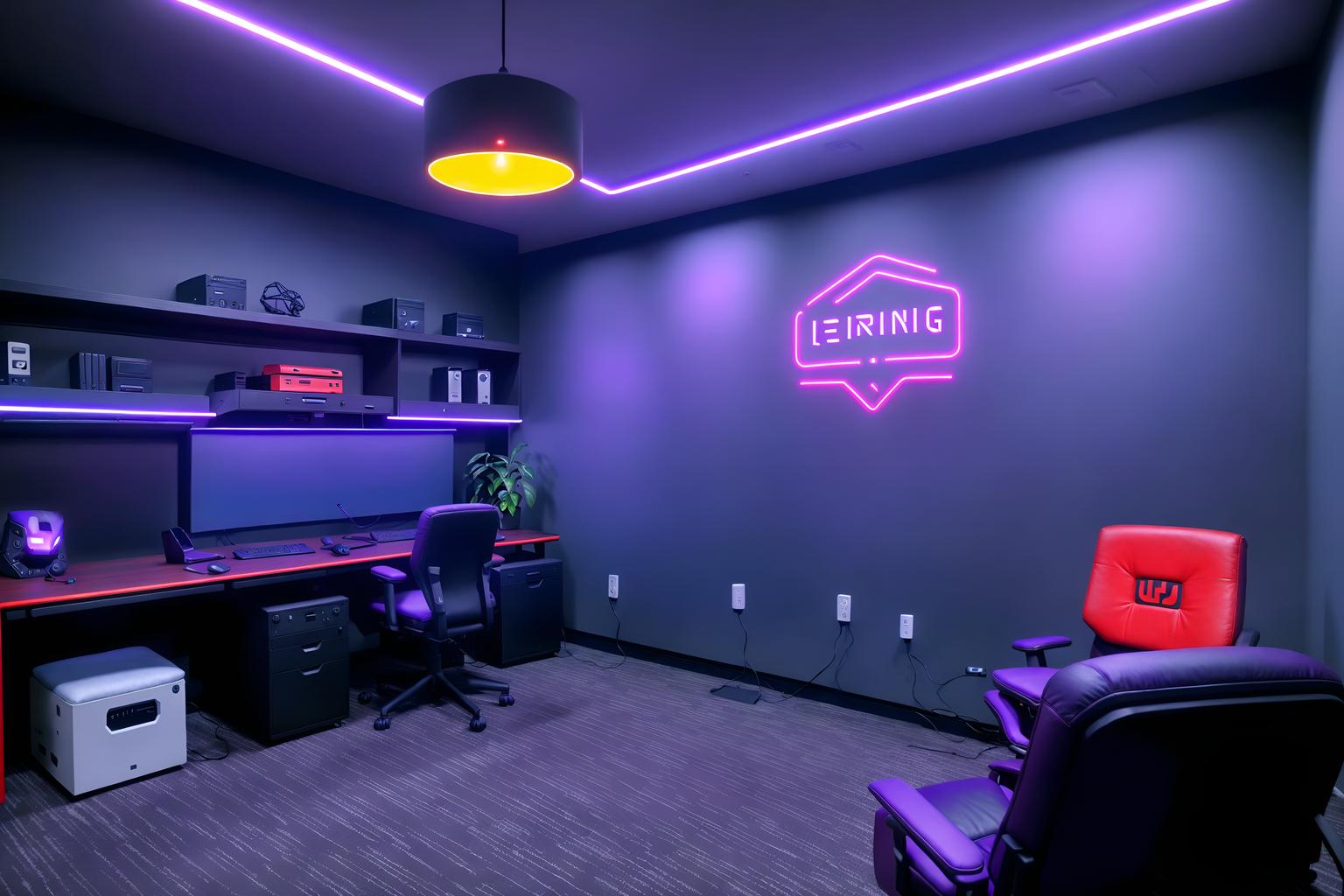 gaming room-style (office interior) with lounge chairs and plants and office chairs and windows and desk lamps and cabinets and computer desks and office desks. . with dark walls and neon lights and at night and computer desk with computer displays and keyboard and gaming chair and neon letters on wall and purple, red and blue fade light and purple and red lights. . cinematic photo, highly detailed, cinematic lighting, ultra-detailed, ultrarealistic, photorealism, 8k. gaming room interior design style. masterpiece, cinematic light, ultrarealistic+, photorealistic+, 8k, raw photo, realistic, sharp focus on eyes, (symmetrical eyes), (intact eyes), hyperrealistic, highest quality, best quality, , highly detailed, masterpiece, best quality, extremely detailed 8k wallpaper, masterpiece, best quality, ultra-detailed, best shadow, detailed background, detailed face, detailed eyes, high contrast, best illumination, detailed face, dulux, caustic, dynamic angle, detailed glow. dramatic lighting. highly detailed, insanely detailed hair, symmetrical, intricate details, professionally retouched, 8k high definition. strong bokeh. award winning photo.