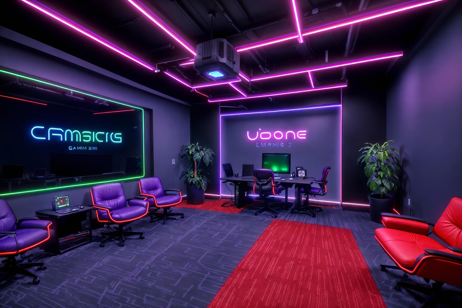 gaming room-style (office interior) with lounge chairs and plants and office chairs and windows and desk lamps and cabinets and computer desks and office desks. . with dark walls and neon lights and at night and computer desk with computer displays and keyboard and gaming chair and neon letters on wall and purple, red and blue fade light and purple and red lights. . cinematic photo, highly detailed, cinematic lighting, ultra-detailed, ultrarealistic, photorealism, 8k. gaming room interior design style. masterpiece, cinematic light, ultrarealistic+, photorealistic+, 8k, raw photo, realistic, sharp focus on eyes, (symmetrical eyes), (intact eyes), hyperrealistic, highest quality, best quality, , highly detailed, masterpiece, best quality, extremely detailed 8k wallpaper, masterpiece, best quality, ultra-detailed, best shadow, detailed background, detailed face, detailed eyes, high contrast, best illumination, detailed face, dulux, caustic, dynamic angle, detailed glow. dramatic lighting. highly detailed, insanely detailed hair, symmetrical, intricate details, professionally retouched, 8k high definition. strong bokeh. award winning photo.