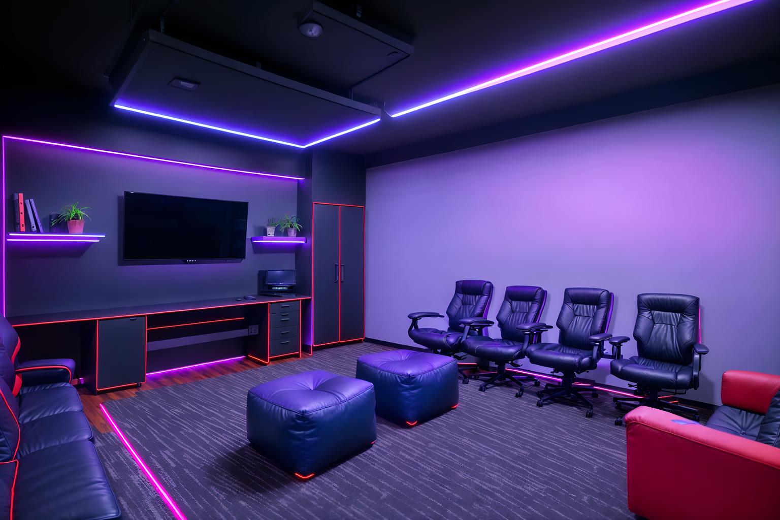 gaming room-style (office interior) with lounge chairs and plants and office chairs and windows and desk lamps and cabinets and computer desks and office desks. . with dark walls and neon lights and at night and computer desk with computer displays and keyboard and gaming chair and neon letters on wall and purple, red and blue fade light and purple and red lights. . cinematic photo, highly detailed, cinematic lighting, ultra-detailed, ultrarealistic, photorealism, 8k. gaming room interior design style. masterpiece, cinematic light, ultrarealistic+, photorealistic+, 8k, raw photo, realistic, sharp focus on eyes, (symmetrical eyes), (intact eyes), hyperrealistic, highest quality, best quality, , highly detailed, masterpiece, best quality, extremely detailed 8k wallpaper, masterpiece, best quality, ultra-detailed, best shadow, detailed background, detailed face, detailed eyes, high contrast, best illumination, detailed face, dulux, caustic, dynamic angle, detailed glow. dramatic lighting. highly detailed, insanely detailed hair, symmetrical, intricate details, professionally retouched, 8k high definition. strong bokeh. award winning photo.