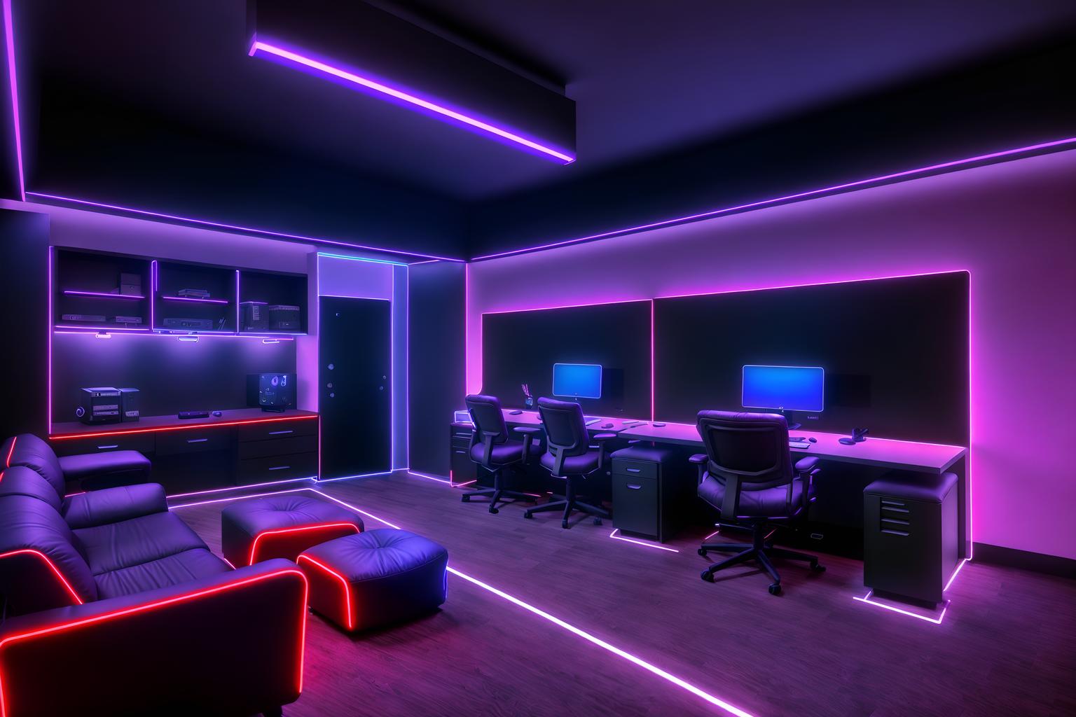 gaming room-style (office interior) with lounge chairs and plants and office chairs and windows and desk lamps and cabinets and computer desks and office desks. . with dark walls and neon lights and at night and computer desk with computer displays and keyboard and gaming chair and neon letters on wall and purple, red and blue fade light and purple and red lights. . cinematic photo, highly detailed, cinematic lighting, ultra-detailed, ultrarealistic, photorealism, 8k. gaming room interior design style. masterpiece, cinematic light, ultrarealistic+, photorealistic+, 8k, raw photo, realistic, sharp focus on eyes, (symmetrical eyes), (intact eyes), hyperrealistic, highest quality, best quality, , highly detailed, masterpiece, best quality, extremely detailed 8k wallpaper, masterpiece, best quality, ultra-detailed, best shadow, detailed background, detailed face, detailed eyes, high contrast, best illumination, detailed face, dulux, caustic, dynamic angle, detailed glow. dramatic lighting. highly detailed, insanely detailed hair, symmetrical, intricate details, professionally retouched, 8k high definition. strong bokeh. award winning photo.