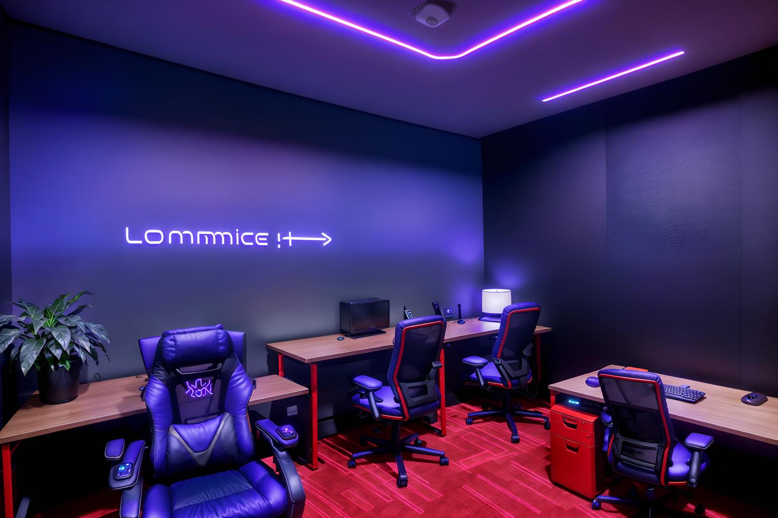 gaming room-style (office interior) with lounge chairs and plants and office chairs and windows and desk lamps and cabinets and computer desks and office desks. . with dark walls and neon lights and at night and computer desk with computer displays and keyboard and gaming chair and neon letters on wall and purple, red and blue fade light and purple and red lights. . cinematic photo, highly detailed, cinematic lighting, ultra-detailed, ultrarealistic, photorealism, 8k. gaming room interior design style. masterpiece, cinematic light, ultrarealistic+, photorealistic+, 8k, raw photo, realistic, sharp focus on eyes, (symmetrical eyes), (intact eyes), hyperrealistic, highest quality, best quality, , highly detailed, masterpiece, best quality, extremely detailed 8k wallpaper, masterpiece, best quality, ultra-detailed, best shadow, detailed background, detailed face, detailed eyes, high contrast, best illumination, detailed face, dulux, caustic, dynamic angle, detailed glow. dramatic lighting. highly detailed, insanely detailed hair, symmetrical, intricate details, professionally retouched, 8k high definition. strong bokeh. award winning photo.