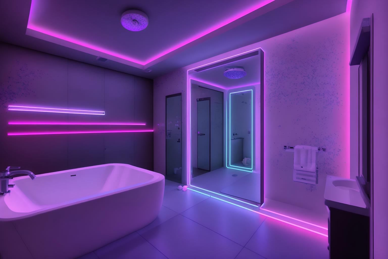 gaming room-style (bathroom interior) with bathtub and bath towel and bathroom cabinet and bathroom sink with faucet and mirror and bath rail and toilet seat and plant. . with purple, red and blue fade light and speakers and gaming chair and neon letters on wall and at night and multiple displays and neon lights and purple and red lights. . cinematic photo, highly detailed, cinematic lighting, ultra-detailed, ultrarealistic, photorealism, 8k. gaming room interior design style. masterpiece, cinematic light, ultrarealistic+, photorealistic+, 8k, raw photo, realistic, sharp focus on eyes, (symmetrical eyes), (intact eyes), hyperrealistic, highest quality, best quality, , highly detailed, masterpiece, best quality, extremely detailed 8k wallpaper, masterpiece, best quality, ultra-detailed, best shadow, detailed background, detailed face, detailed eyes, high contrast, best illumination, detailed face, dulux, caustic, dynamic angle, detailed glow. dramatic lighting. highly detailed, insanely detailed hair, symmetrical, intricate details, professionally retouched, 8k high definition. strong bokeh. award winning photo.