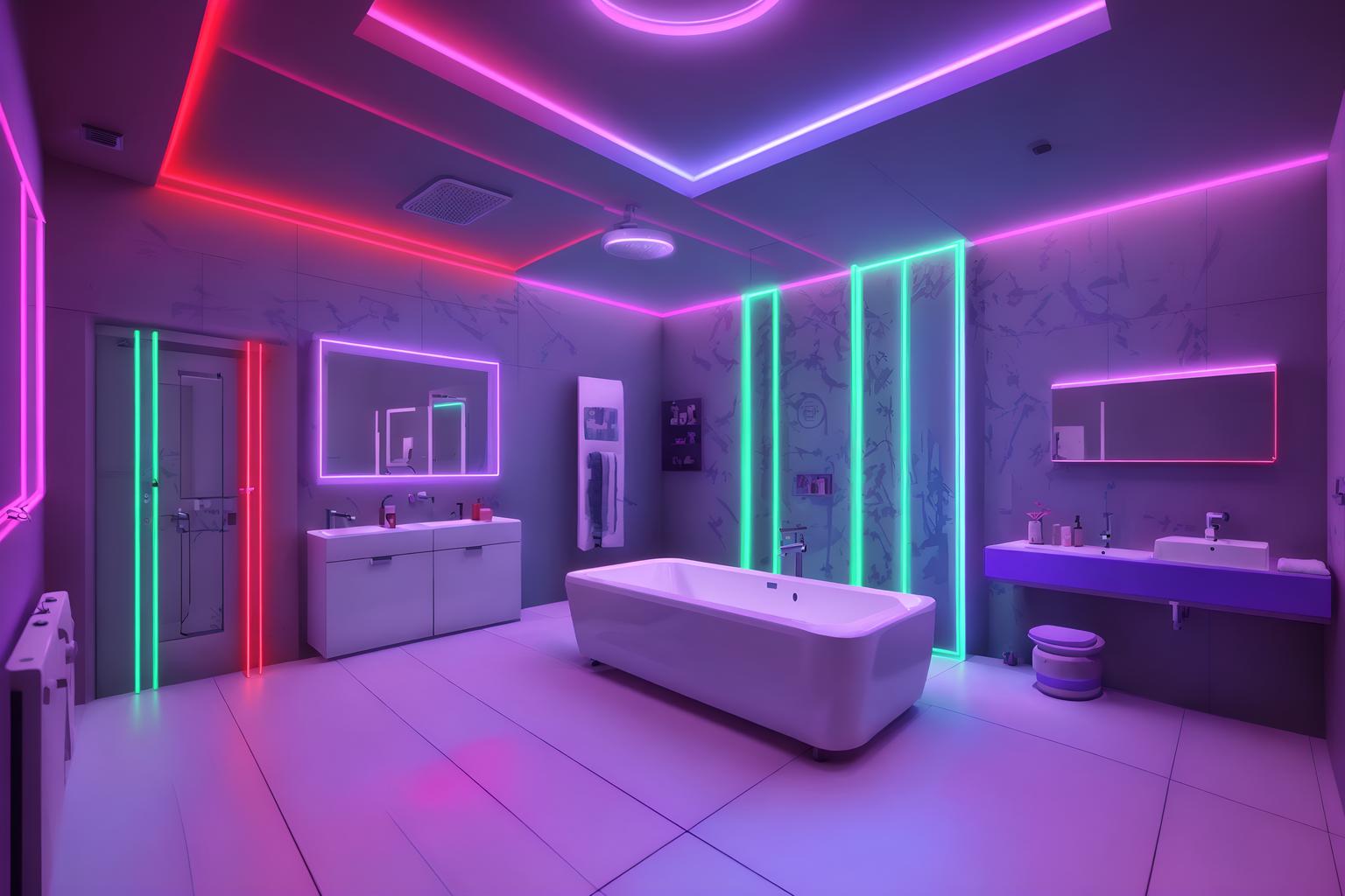 gaming room-style (bathroom interior) with bathtub and bath towel and bathroom cabinet and bathroom sink with faucet and mirror and bath rail and toilet seat and plant. . with purple, red and blue fade light and speakers and gaming chair and neon letters on wall and at night and multiple displays and neon lights and purple and red lights. . cinematic photo, highly detailed, cinematic lighting, ultra-detailed, ultrarealistic, photorealism, 8k. gaming room interior design style. masterpiece, cinematic light, ultrarealistic+, photorealistic+, 8k, raw photo, realistic, sharp focus on eyes, (symmetrical eyes), (intact eyes), hyperrealistic, highest quality, best quality, , highly detailed, masterpiece, best quality, extremely detailed 8k wallpaper, masterpiece, best quality, ultra-detailed, best shadow, detailed background, detailed face, detailed eyes, high contrast, best illumination, detailed face, dulux, caustic, dynamic angle, detailed glow. dramatic lighting. highly detailed, insanely detailed hair, symmetrical, intricate details, professionally retouched, 8k high definition. strong bokeh. award winning photo.