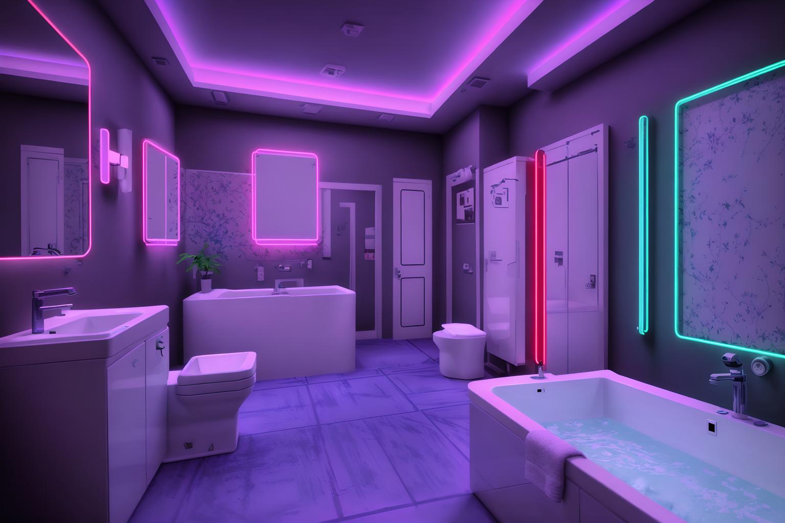 gaming room-style (bathroom interior) with bathtub and bath towel and bathroom cabinet and bathroom sink with faucet and mirror and bath rail and toilet seat and plant. . with purple, red and blue fade light and speakers and gaming chair and neon letters on wall and at night and multiple displays and neon lights and purple and red lights. . cinematic photo, highly detailed, cinematic lighting, ultra-detailed, ultrarealistic, photorealism, 8k. gaming room interior design style. masterpiece, cinematic light, ultrarealistic+, photorealistic+, 8k, raw photo, realistic, sharp focus on eyes, (symmetrical eyes), (intact eyes), hyperrealistic, highest quality, best quality, , highly detailed, masterpiece, best quality, extremely detailed 8k wallpaper, masterpiece, best quality, ultra-detailed, best shadow, detailed background, detailed face, detailed eyes, high contrast, best illumination, detailed face, dulux, caustic, dynamic angle, detailed glow. dramatic lighting. highly detailed, insanely detailed hair, symmetrical, intricate details, professionally retouched, 8k high definition. strong bokeh. award winning photo.