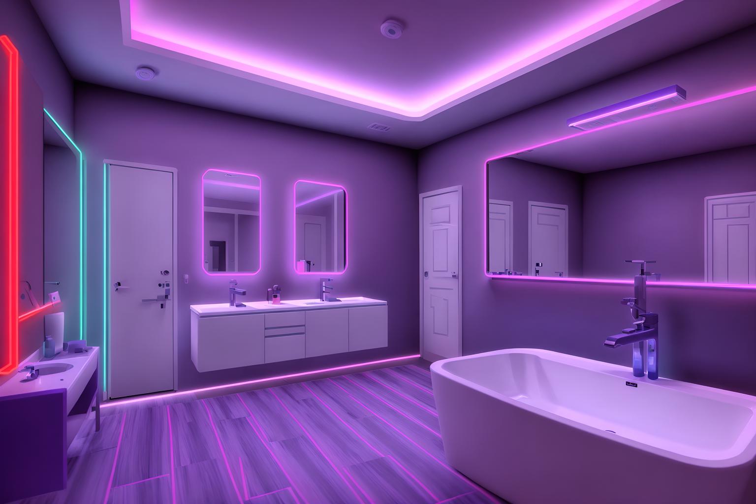 gaming room-style (bathroom interior) with bathtub and bath towel and bathroom cabinet and bathroom sink with faucet and mirror and bath rail and toilet seat and plant. . with purple, red and blue fade light and speakers and gaming chair and neon letters on wall and at night and multiple displays and neon lights and purple and red lights. . cinematic photo, highly detailed, cinematic lighting, ultra-detailed, ultrarealistic, photorealism, 8k. gaming room interior design style. masterpiece, cinematic light, ultrarealistic+, photorealistic+, 8k, raw photo, realistic, sharp focus on eyes, (symmetrical eyes), (intact eyes), hyperrealistic, highest quality, best quality, , highly detailed, masterpiece, best quality, extremely detailed 8k wallpaper, masterpiece, best quality, ultra-detailed, best shadow, detailed background, detailed face, detailed eyes, high contrast, best illumination, detailed face, dulux, caustic, dynamic angle, detailed glow. dramatic lighting. highly detailed, insanely detailed hair, symmetrical, intricate details, professionally retouched, 8k high definition. strong bokeh. award winning photo.