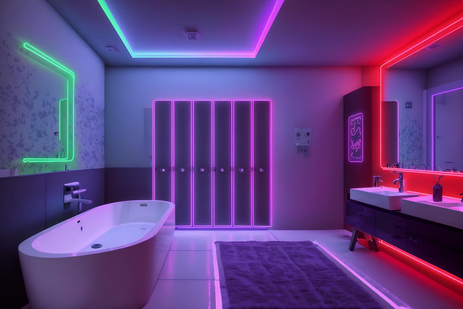 gaming room-style (bathroom interior) with bathtub and bath towel and bathroom cabinet and bathroom sink with faucet and mirror and bath rail and toilet seat and plant. . with purple, red and blue fade light and speakers and gaming chair and neon letters on wall and at night and multiple displays and neon lights and purple and red lights. . cinematic photo, highly detailed, cinematic lighting, ultra-detailed, ultrarealistic, photorealism, 8k. gaming room interior design style. masterpiece, cinematic light, ultrarealistic+, photorealistic+, 8k, raw photo, realistic, sharp focus on eyes, (symmetrical eyes), (intact eyes), hyperrealistic, highest quality, best quality, , highly detailed, masterpiece, best quality, extremely detailed 8k wallpaper, masterpiece, best quality, ultra-detailed, best shadow, detailed background, detailed face, detailed eyes, high contrast, best illumination, detailed face, dulux, caustic, dynamic angle, detailed glow. dramatic lighting. highly detailed, insanely detailed hair, symmetrical, intricate details, professionally retouched, 8k high definition. strong bokeh. award winning photo.