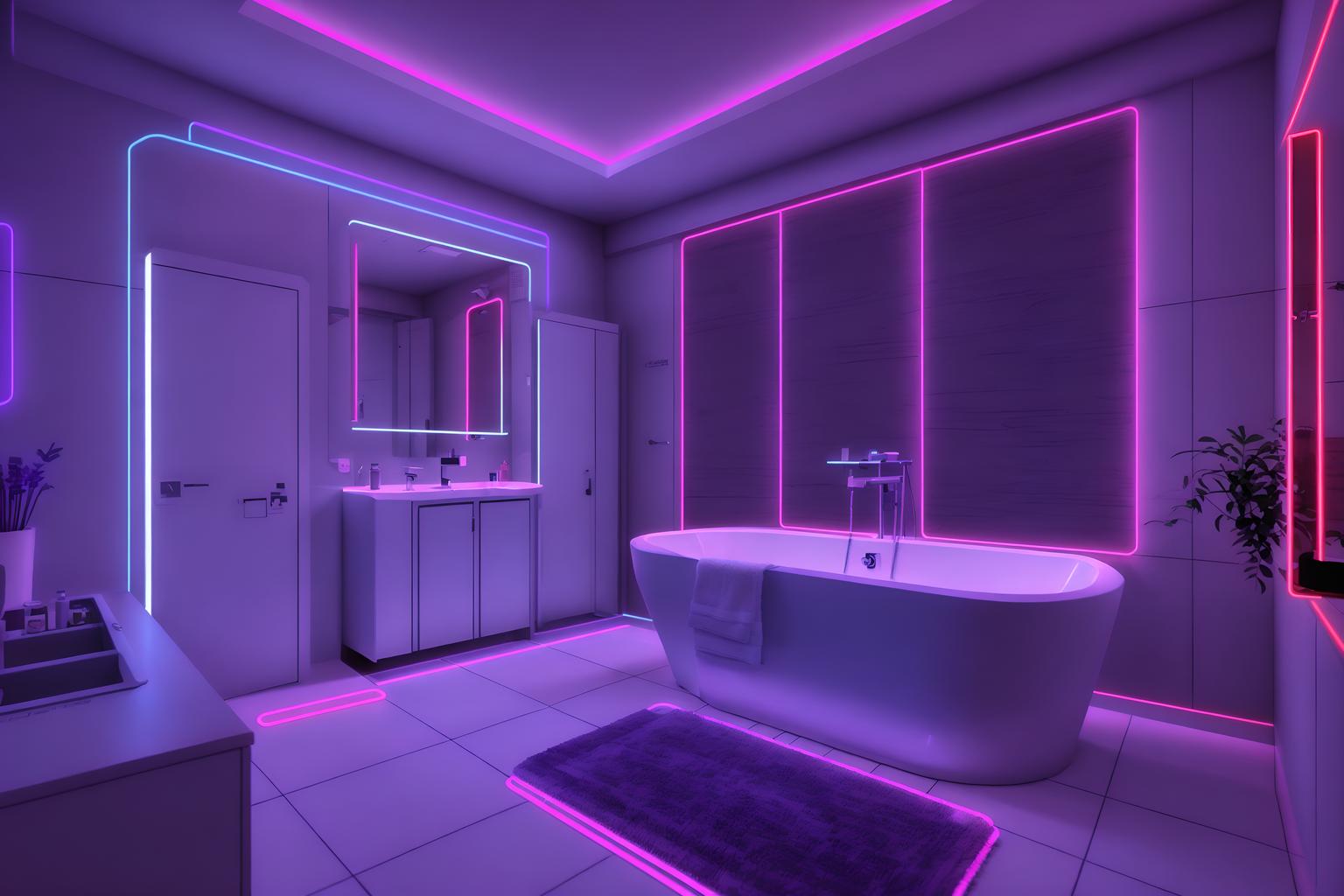 gaming room-style (bathroom interior) with bathtub and bath towel and bathroom cabinet and bathroom sink with faucet and mirror and bath rail and toilet seat and plant. . with purple, red and blue fade light and speakers and gaming chair and neon letters on wall and at night and multiple displays and neon lights and purple and red lights. . cinematic photo, highly detailed, cinematic lighting, ultra-detailed, ultrarealistic, photorealism, 8k. gaming room interior design style. masterpiece, cinematic light, ultrarealistic+, photorealistic+, 8k, raw photo, realistic, sharp focus on eyes, (symmetrical eyes), (intact eyes), hyperrealistic, highest quality, best quality, , highly detailed, masterpiece, best quality, extremely detailed 8k wallpaper, masterpiece, best quality, ultra-detailed, best shadow, detailed background, detailed face, detailed eyes, high contrast, best illumination, detailed face, dulux, caustic, dynamic angle, detailed glow. dramatic lighting. highly detailed, insanely detailed hair, symmetrical, intricate details, professionally retouched, 8k high definition. strong bokeh. award winning photo.