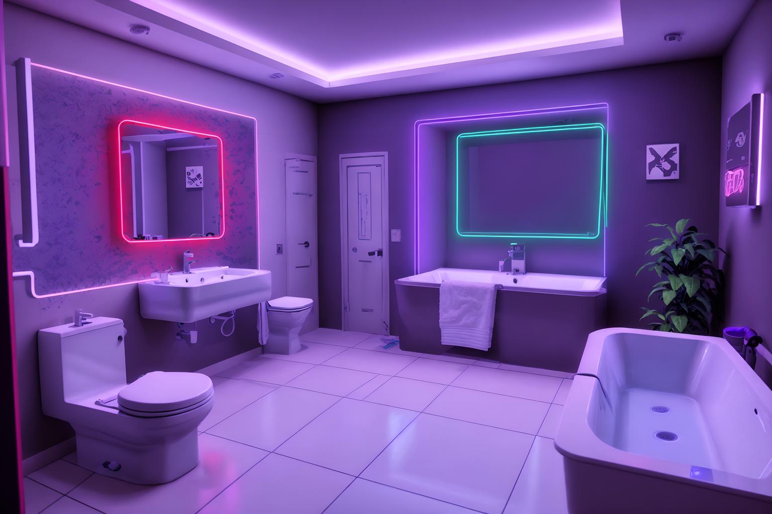 gaming room-style (bathroom interior) with bathtub and bath towel and bathroom cabinet and bathroom sink with faucet and mirror and bath rail and toilet seat and plant. . with purple, red and blue fade light and speakers and gaming chair and neon letters on wall and at night and multiple displays and neon lights and purple and red lights. . cinematic photo, highly detailed, cinematic lighting, ultra-detailed, ultrarealistic, photorealism, 8k. gaming room interior design style. masterpiece, cinematic light, ultrarealistic+, photorealistic+, 8k, raw photo, realistic, sharp focus on eyes, (symmetrical eyes), (intact eyes), hyperrealistic, highest quality, best quality, , highly detailed, masterpiece, best quality, extremely detailed 8k wallpaper, masterpiece, best quality, ultra-detailed, best shadow, detailed background, detailed face, detailed eyes, high contrast, best illumination, detailed face, dulux, caustic, dynamic angle, detailed glow. dramatic lighting. highly detailed, insanely detailed hair, symmetrical, intricate details, professionally retouched, 8k high definition. strong bokeh. award winning photo.