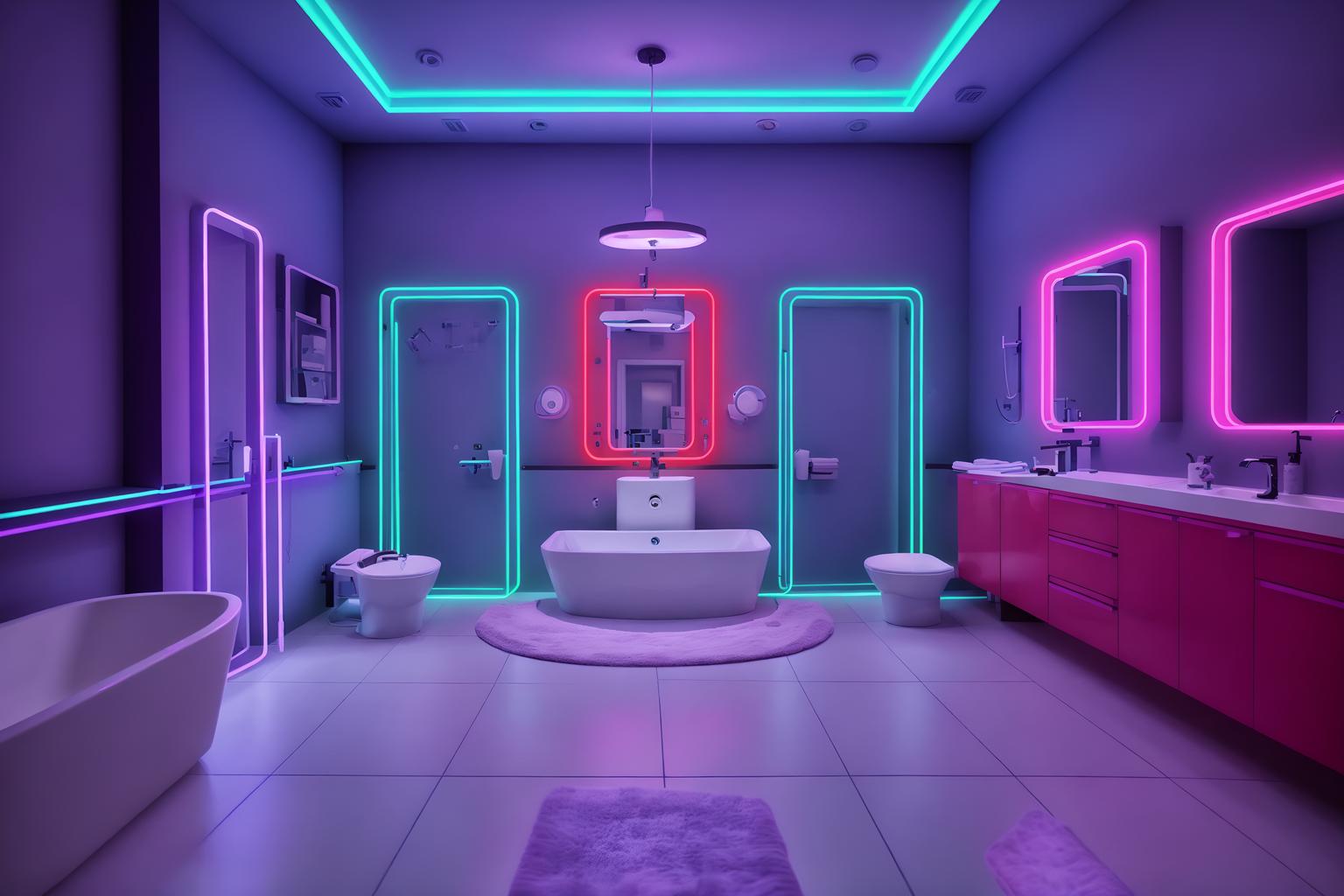 gaming room-style (bathroom interior) with bathtub and bath towel and bathroom cabinet and bathroom sink with faucet and mirror and bath rail and toilet seat and plant. . with purple, red and blue fade light and speakers and gaming chair and neon letters on wall and at night and multiple displays and neon lights and purple and red lights. . cinematic photo, highly detailed, cinematic lighting, ultra-detailed, ultrarealistic, photorealism, 8k. gaming room interior design style. masterpiece, cinematic light, ultrarealistic+, photorealistic+, 8k, raw photo, realistic, sharp focus on eyes, (symmetrical eyes), (intact eyes), hyperrealistic, highest quality, best quality, , highly detailed, masterpiece, best quality, extremely detailed 8k wallpaper, masterpiece, best quality, ultra-detailed, best shadow, detailed background, detailed face, detailed eyes, high contrast, best illumination, detailed face, dulux, caustic, dynamic angle, detailed glow. dramatic lighting. highly detailed, insanely detailed hair, symmetrical, intricate details, professionally retouched, 8k high definition. strong bokeh. award winning photo.