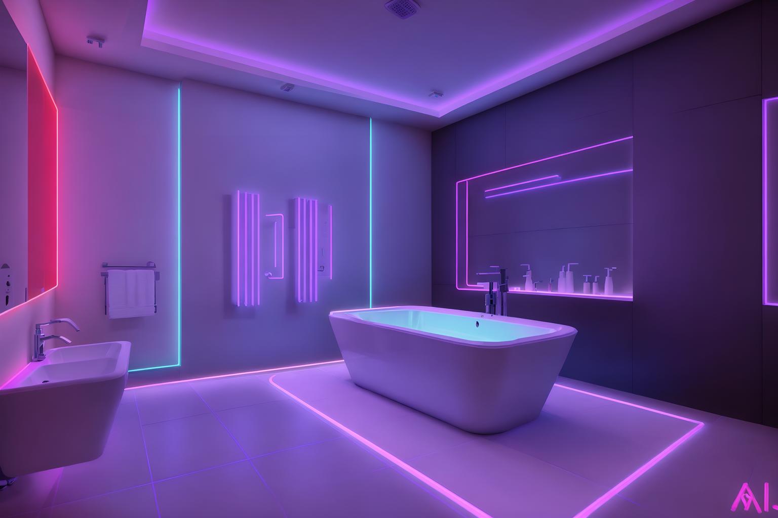 gaming room-style (bathroom interior) with bathtub and bath towel and bathroom cabinet and bathroom sink with faucet and mirror and bath rail and toilet seat and plant. . with purple, red and blue fade light and speakers and gaming chair and neon letters on wall and at night and multiple displays and neon lights and purple and red lights. . cinematic photo, highly detailed, cinematic lighting, ultra-detailed, ultrarealistic, photorealism, 8k. gaming room interior design style. masterpiece, cinematic light, ultrarealistic+, photorealistic+, 8k, raw photo, realistic, sharp focus on eyes, (symmetrical eyes), (intact eyes), hyperrealistic, highest quality, best quality, , highly detailed, masterpiece, best quality, extremely detailed 8k wallpaper, masterpiece, best quality, ultra-detailed, best shadow, detailed background, detailed face, detailed eyes, high contrast, best illumination, detailed face, dulux, caustic, dynamic angle, detailed glow. dramatic lighting. highly detailed, insanely detailed hair, symmetrical, intricate details, professionally retouched, 8k high definition. strong bokeh. award winning photo.