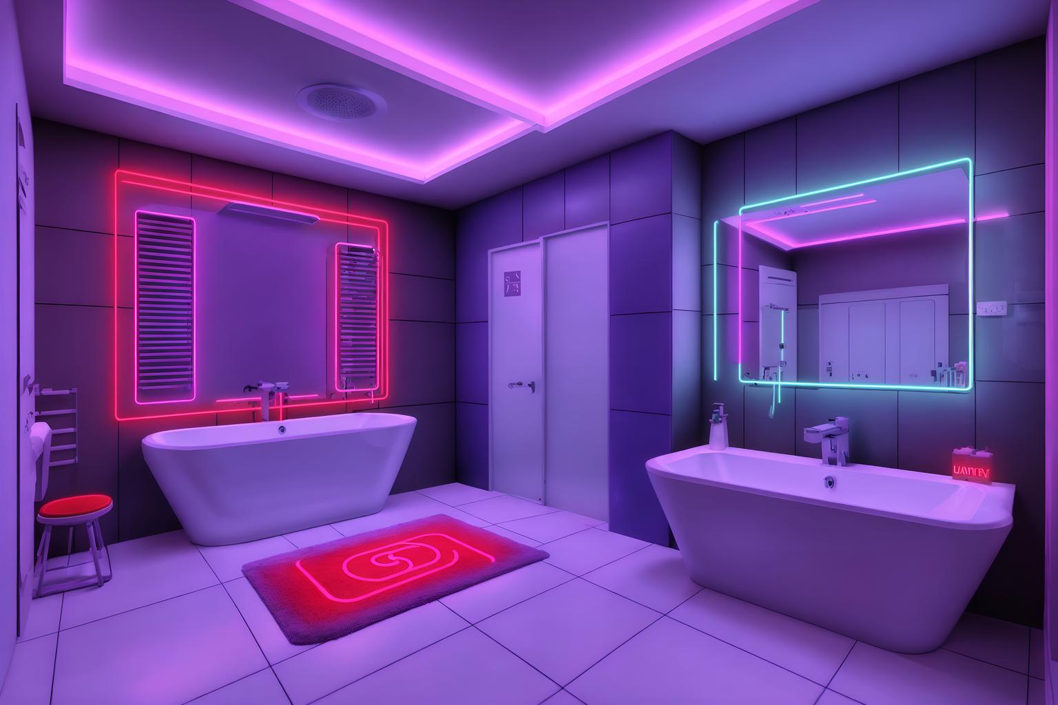 gaming room-style (bathroom interior) with bathtub and bath towel and bathroom cabinet and bathroom sink with faucet and mirror and bath rail and toilet seat and plant. . with purple, red and blue fade light and speakers and gaming chair and neon letters on wall and at night and multiple displays and neon lights and purple and red lights. . cinematic photo, highly detailed, cinematic lighting, ultra-detailed, ultrarealistic, photorealism, 8k. gaming room interior design style. masterpiece, cinematic light, ultrarealistic+, photorealistic+, 8k, raw photo, realistic, sharp focus on eyes, (symmetrical eyes), (intact eyes), hyperrealistic, highest quality, best quality, , highly detailed, masterpiece, best quality, extremely detailed 8k wallpaper, masterpiece, best quality, ultra-detailed, best shadow, detailed background, detailed face, detailed eyes, high contrast, best illumination, detailed face, dulux, caustic, dynamic angle, detailed glow. dramatic lighting. highly detailed, insanely detailed hair, symmetrical, intricate details, professionally retouched, 8k high definition. strong bokeh. award winning photo.