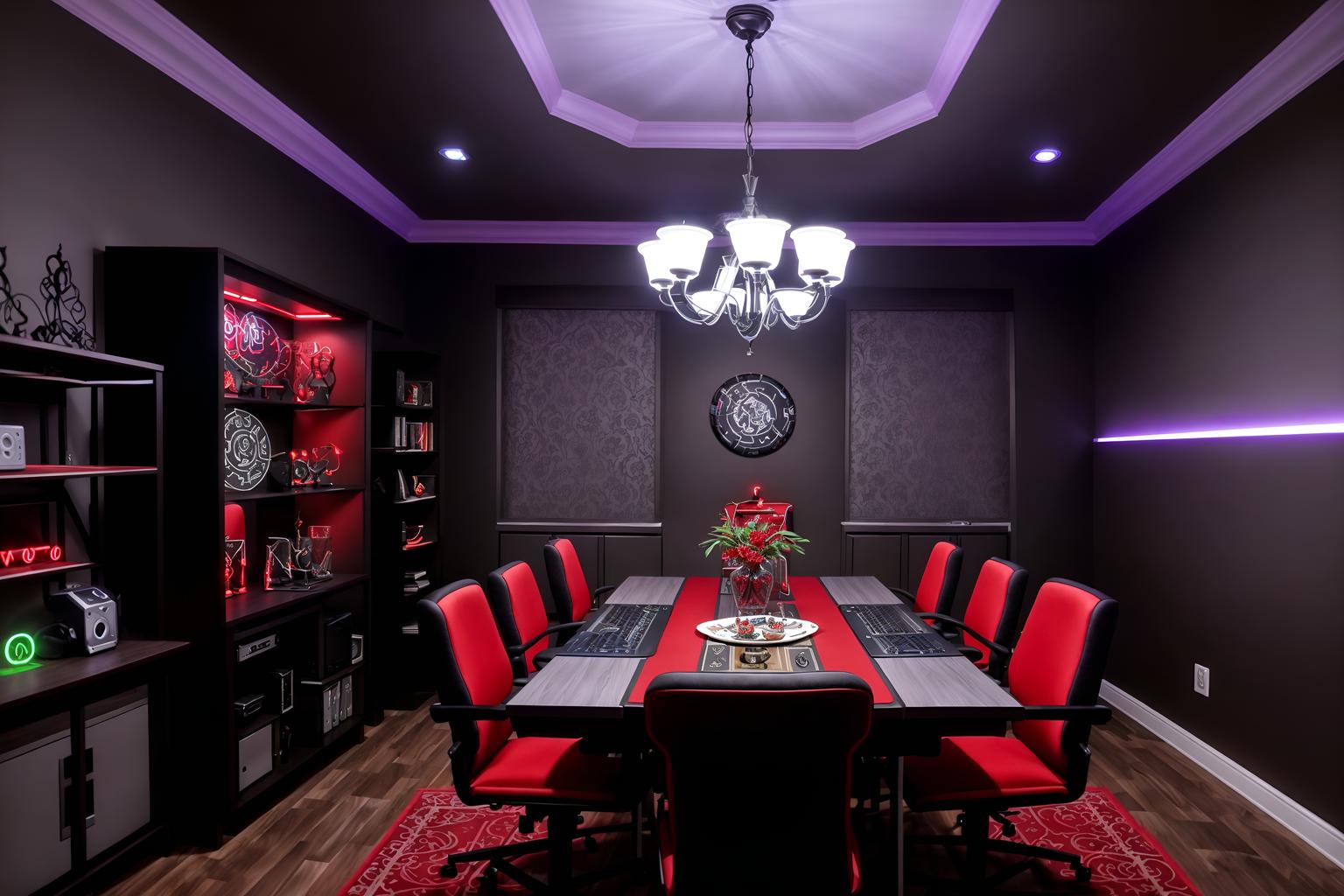 gaming room-style (dining room interior) with table cloth and vase and plates, cutlery and glasses on dining table and bookshelves and light or chandelier and dining table and plant and dining table chairs. . with purple and red lights and speakers and gaming chair and multiple displays and dark walls and at night and computer desk with computer displays and keyboard and purple, red and blue fade light. . cinematic photo, highly detailed, cinematic lighting, ultra-detailed, ultrarealistic, photorealism, 8k. gaming room interior design style. masterpiece, cinematic light, ultrarealistic+, photorealistic+, 8k, raw photo, realistic, sharp focus on eyes, (symmetrical eyes), (intact eyes), hyperrealistic, highest quality, best quality, , highly detailed, masterpiece, best quality, extremely detailed 8k wallpaper, masterpiece, best quality, ultra-detailed, best shadow, detailed background, detailed face, detailed eyes, high contrast, best illumination, detailed face, dulux, caustic, dynamic angle, detailed glow. dramatic lighting. highly detailed, insanely detailed hair, symmetrical, intricate details, professionally retouched, 8k high definition. strong bokeh. award winning photo.