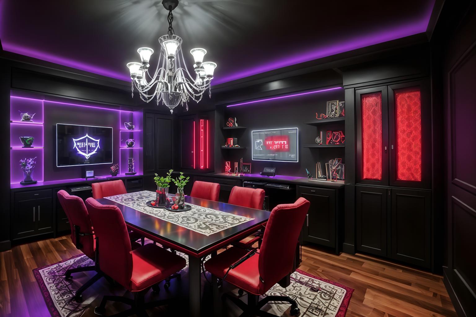 gaming room-style (dining room interior) with table cloth and vase and plates, cutlery and glasses on dining table and bookshelves and light or chandelier and dining table and plant and dining table chairs. . with purple and red lights and speakers and gaming chair and multiple displays and dark walls and at night and computer desk with computer displays and keyboard and purple, red and blue fade light. . cinematic photo, highly detailed, cinematic lighting, ultra-detailed, ultrarealistic, photorealism, 8k. gaming room interior design style. masterpiece, cinematic light, ultrarealistic+, photorealistic+, 8k, raw photo, realistic, sharp focus on eyes, (symmetrical eyes), (intact eyes), hyperrealistic, highest quality, best quality, , highly detailed, masterpiece, best quality, extremely detailed 8k wallpaper, masterpiece, best quality, ultra-detailed, best shadow, detailed background, detailed face, detailed eyes, high contrast, best illumination, detailed face, dulux, caustic, dynamic angle, detailed glow. dramatic lighting. highly detailed, insanely detailed hair, symmetrical, intricate details, professionally retouched, 8k high definition. strong bokeh. award winning photo.