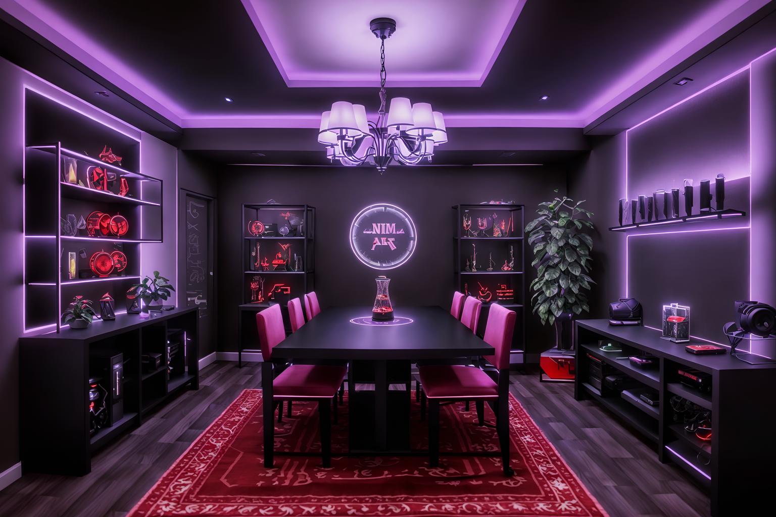 gaming room-style (dining room interior) with table cloth and vase and plates, cutlery and glasses on dining table and bookshelves and light or chandelier and dining table and plant and dining table chairs. . with purple and red lights and speakers and gaming chair and multiple displays and dark walls and at night and computer desk with computer displays and keyboard and purple, red and blue fade light. . cinematic photo, highly detailed, cinematic lighting, ultra-detailed, ultrarealistic, photorealism, 8k. gaming room interior design style. masterpiece, cinematic light, ultrarealistic+, photorealistic+, 8k, raw photo, realistic, sharp focus on eyes, (symmetrical eyes), (intact eyes), hyperrealistic, highest quality, best quality, , highly detailed, masterpiece, best quality, extremely detailed 8k wallpaper, masterpiece, best quality, ultra-detailed, best shadow, detailed background, detailed face, detailed eyes, high contrast, best illumination, detailed face, dulux, caustic, dynamic angle, detailed glow. dramatic lighting. highly detailed, insanely detailed hair, symmetrical, intricate details, professionally retouched, 8k high definition. strong bokeh. award winning photo.