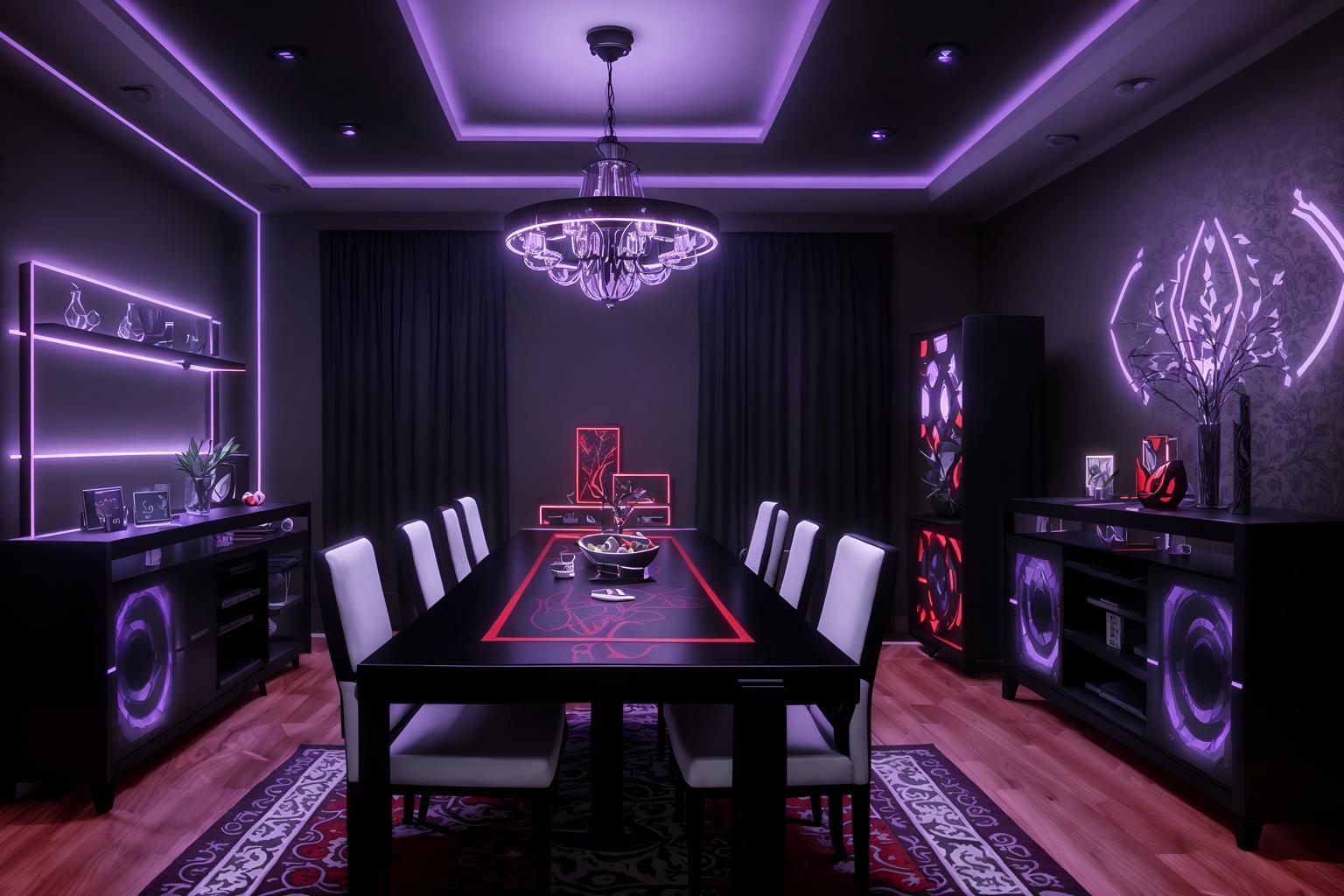 gaming room-style (dining room interior) with table cloth and vase and plates, cutlery and glasses on dining table and bookshelves and light or chandelier and dining table and plant and dining table chairs. . with purple and red lights and speakers and gaming chair and multiple displays and dark walls and at night and computer desk with computer displays and keyboard and purple, red and blue fade light. . cinematic photo, highly detailed, cinematic lighting, ultra-detailed, ultrarealistic, photorealism, 8k. gaming room interior design style. masterpiece, cinematic light, ultrarealistic+, photorealistic+, 8k, raw photo, realistic, sharp focus on eyes, (symmetrical eyes), (intact eyes), hyperrealistic, highest quality, best quality, , highly detailed, masterpiece, best quality, extremely detailed 8k wallpaper, masterpiece, best quality, ultra-detailed, best shadow, detailed background, detailed face, detailed eyes, high contrast, best illumination, detailed face, dulux, caustic, dynamic angle, detailed glow. dramatic lighting. highly detailed, insanely detailed hair, symmetrical, intricate details, professionally retouched, 8k high definition. strong bokeh. award winning photo.