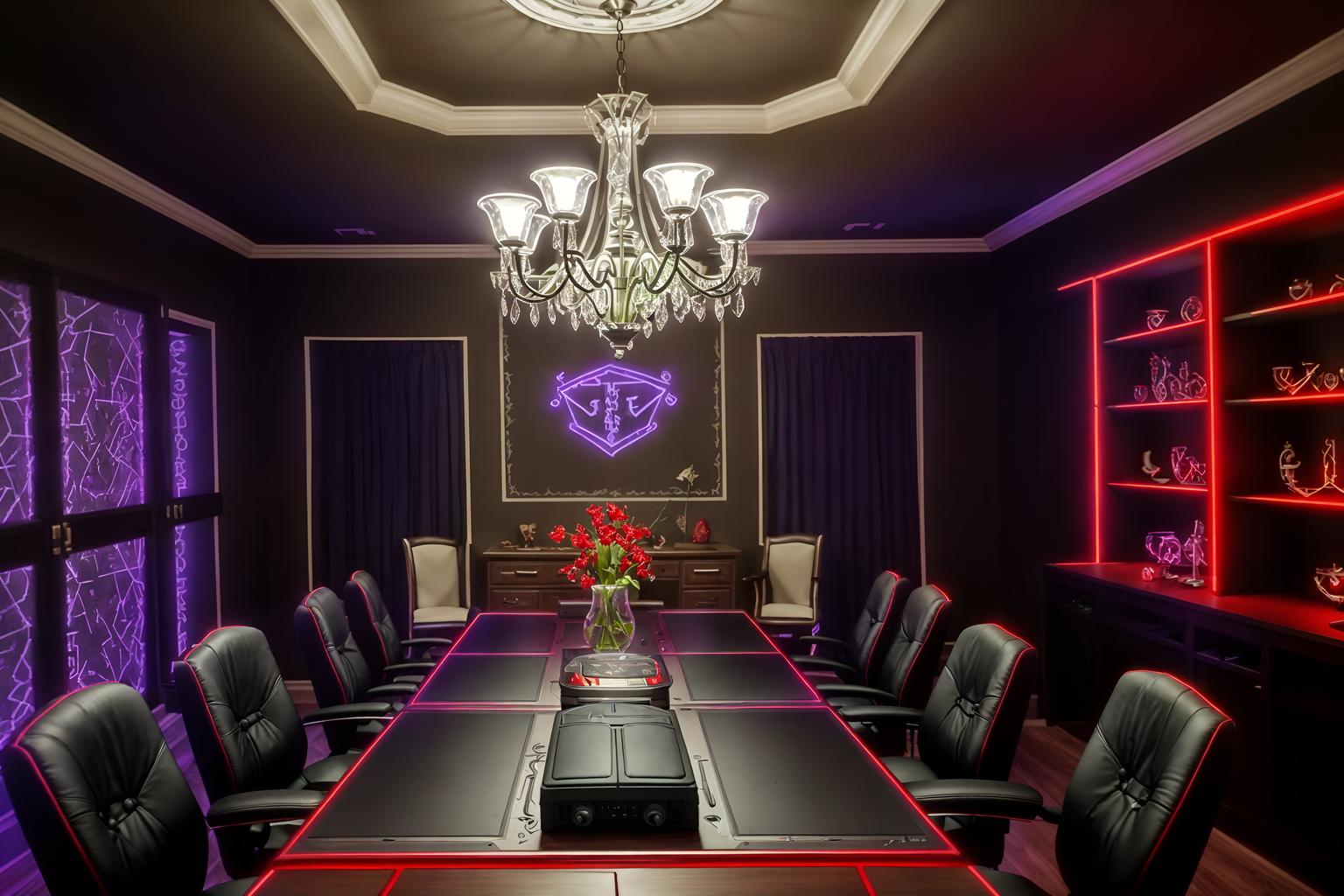 gaming room-style (dining room interior) with table cloth and vase and plates, cutlery and glasses on dining table and bookshelves and light or chandelier and dining table and plant and dining table chairs. . with purple and red lights and speakers and gaming chair and multiple displays and dark walls and at night and computer desk with computer displays and keyboard and purple, red and blue fade light. . cinematic photo, highly detailed, cinematic lighting, ultra-detailed, ultrarealistic, photorealism, 8k. gaming room interior design style. masterpiece, cinematic light, ultrarealistic+, photorealistic+, 8k, raw photo, realistic, sharp focus on eyes, (symmetrical eyes), (intact eyes), hyperrealistic, highest quality, best quality, , highly detailed, masterpiece, best quality, extremely detailed 8k wallpaper, masterpiece, best quality, ultra-detailed, best shadow, detailed background, detailed face, detailed eyes, high contrast, best illumination, detailed face, dulux, caustic, dynamic angle, detailed glow. dramatic lighting. highly detailed, insanely detailed hair, symmetrical, intricate details, professionally retouched, 8k high definition. strong bokeh. award winning photo.