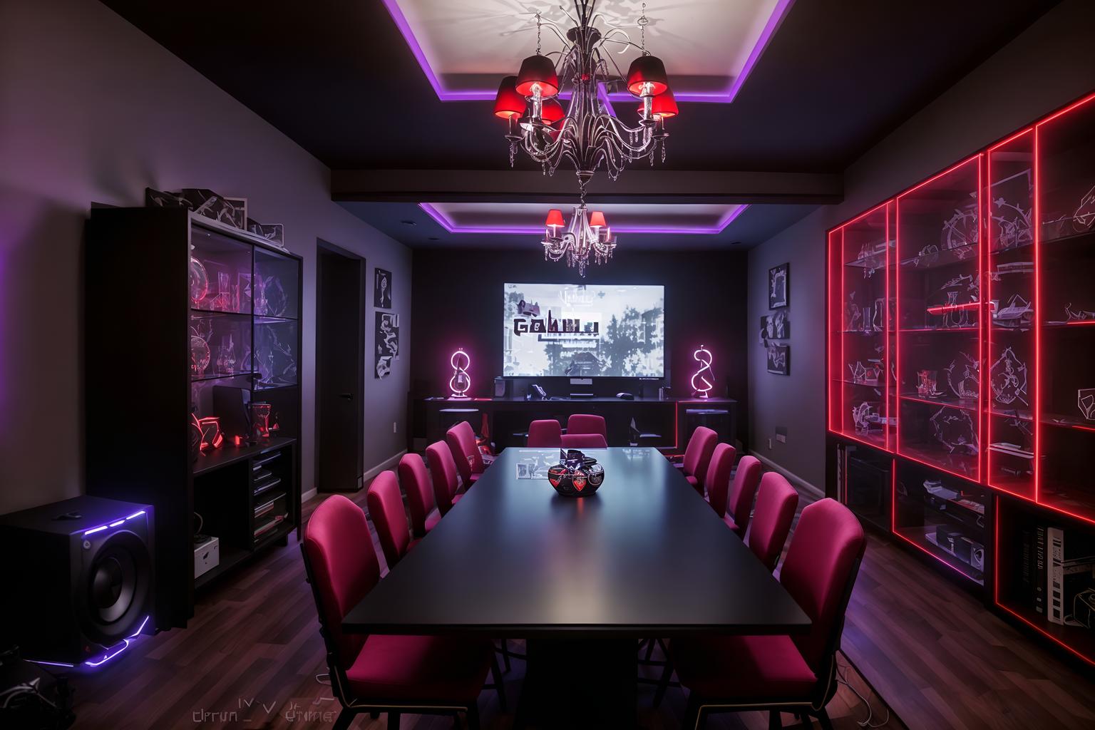 gaming room-style (dining room interior) with table cloth and vase and plates, cutlery and glasses on dining table and bookshelves and light or chandelier and dining table and plant and dining table chairs. . with purple and red lights and speakers and gaming chair and multiple displays and dark walls and at night and computer desk with computer displays and keyboard and purple, red and blue fade light. . cinematic photo, highly detailed, cinematic lighting, ultra-detailed, ultrarealistic, photorealism, 8k. gaming room interior design style. masterpiece, cinematic light, ultrarealistic+, photorealistic+, 8k, raw photo, realistic, sharp focus on eyes, (symmetrical eyes), (intact eyes), hyperrealistic, highest quality, best quality, , highly detailed, masterpiece, best quality, extremely detailed 8k wallpaper, masterpiece, best quality, ultra-detailed, best shadow, detailed background, detailed face, detailed eyes, high contrast, best illumination, detailed face, dulux, caustic, dynamic angle, detailed glow. dramatic lighting. highly detailed, insanely detailed hair, symmetrical, intricate details, professionally retouched, 8k high definition. strong bokeh. award winning photo.