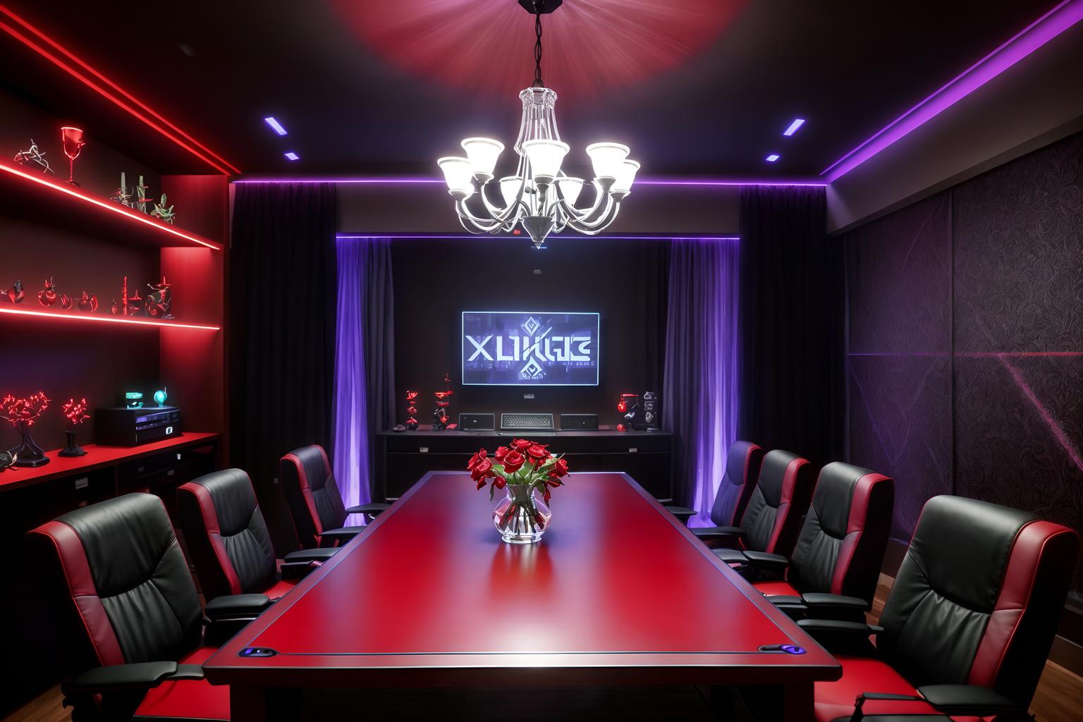 gaming room-style (dining room interior) with table cloth and vase and plates, cutlery and glasses on dining table and bookshelves and light or chandelier and dining table and plant and dining table chairs. . with purple and red lights and speakers and gaming chair and multiple displays and dark walls and at night and computer desk with computer displays and keyboard and purple, red and blue fade light. . cinematic photo, highly detailed, cinematic lighting, ultra-detailed, ultrarealistic, photorealism, 8k. gaming room interior design style. masterpiece, cinematic light, ultrarealistic+, photorealistic+, 8k, raw photo, realistic, sharp focus on eyes, (symmetrical eyes), (intact eyes), hyperrealistic, highest quality, best quality, , highly detailed, masterpiece, best quality, extremely detailed 8k wallpaper, masterpiece, best quality, ultra-detailed, best shadow, detailed background, detailed face, detailed eyes, high contrast, best illumination, detailed face, dulux, caustic, dynamic angle, detailed glow. dramatic lighting. highly detailed, insanely detailed hair, symmetrical, intricate details, professionally retouched, 8k high definition. strong bokeh. award winning photo.