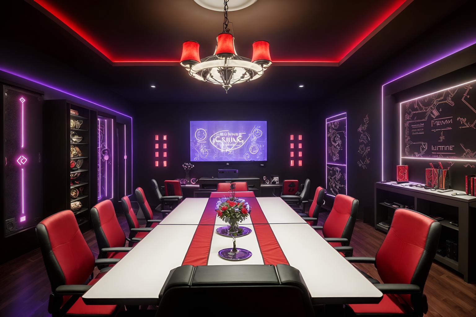 gaming room-style (dining room interior) with table cloth and vase and plates, cutlery and glasses on dining table and bookshelves and light or chandelier and dining table and plant and dining table chairs. . with purple and red lights and speakers and gaming chair and multiple displays and dark walls and at night and computer desk with computer displays and keyboard and purple, red and blue fade light. . cinematic photo, highly detailed, cinematic lighting, ultra-detailed, ultrarealistic, photorealism, 8k. gaming room interior design style. masterpiece, cinematic light, ultrarealistic+, photorealistic+, 8k, raw photo, realistic, sharp focus on eyes, (symmetrical eyes), (intact eyes), hyperrealistic, highest quality, best quality, , highly detailed, masterpiece, best quality, extremely detailed 8k wallpaper, masterpiece, best quality, ultra-detailed, best shadow, detailed background, detailed face, detailed eyes, high contrast, best illumination, detailed face, dulux, caustic, dynamic angle, detailed glow. dramatic lighting. highly detailed, insanely detailed hair, symmetrical, intricate details, professionally retouched, 8k high definition. strong bokeh. award winning photo.