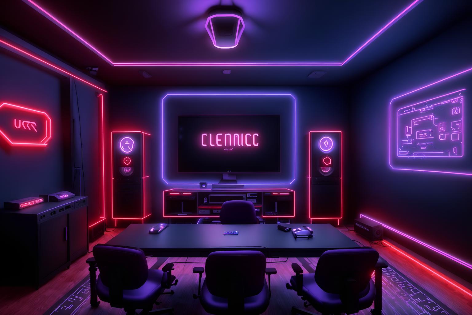 gaming room-style (attic interior) . with neon letters on wall and computer desk with computer displays and keyboard and neon lights and speakers and purple, red and blue fade light and dark walls and dark room and gaming chair. . cinematic photo, highly detailed, cinematic lighting, ultra-detailed, ultrarealistic, photorealism, 8k. gaming room interior design style. masterpiece, cinematic light, ultrarealistic+, photorealistic+, 8k, raw photo, realistic, sharp focus on eyes, (symmetrical eyes), (intact eyes), hyperrealistic, highest quality, best quality, , highly detailed, masterpiece, best quality, extremely detailed 8k wallpaper, masterpiece, best quality, ultra-detailed, best shadow, detailed background, detailed face, detailed eyes, high contrast, best illumination, detailed face, dulux, caustic, dynamic angle, detailed glow. dramatic lighting. highly detailed, insanely detailed hair, symmetrical, intricate details, professionally retouched, 8k high definition. strong bokeh. award winning photo.