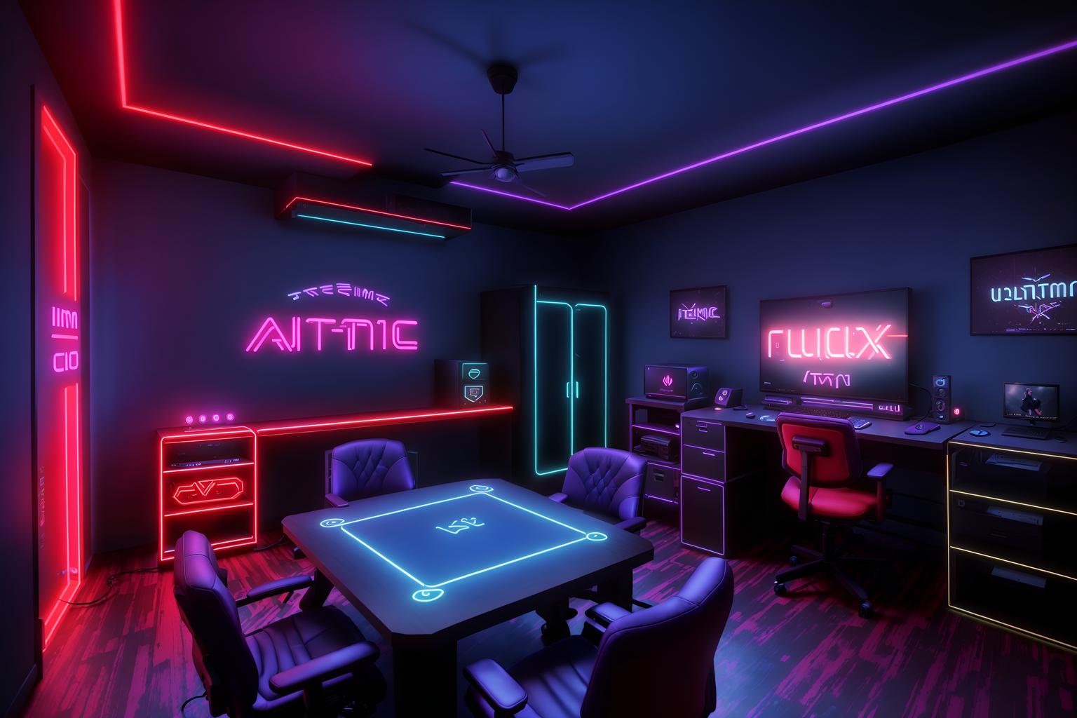 gaming room-style (attic interior) . with neon letters on wall and computer desk with computer displays and keyboard and neon lights and speakers and purple, red and blue fade light and dark walls and dark room and gaming chair. . cinematic photo, highly detailed, cinematic lighting, ultra-detailed, ultrarealistic, photorealism, 8k. gaming room interior design style. masterpiece, cinematic light, ultrarealistic+, photorealistic+, 8k, raw photo, realistic, sharp focus on eyes, (symmetrical eyes), (intact eyes), hyperrealistic, highest quality, best quality, , highly detailed, masterpiece, best quality, extremely detailed 8k wallpaper, masterpiece, best quality, ultra-detailed, best shadow, detailed background, detailed face, detailed eyes, high contrast, best illumination, detailed face, dulux, caustic, dynamic angle, detailed glow. dramatic lighting. highly detailed, insanely detailed hair, symmetrical, intricate details, professionally retouched, 8k high definition. strong bokeh. award winning photo.