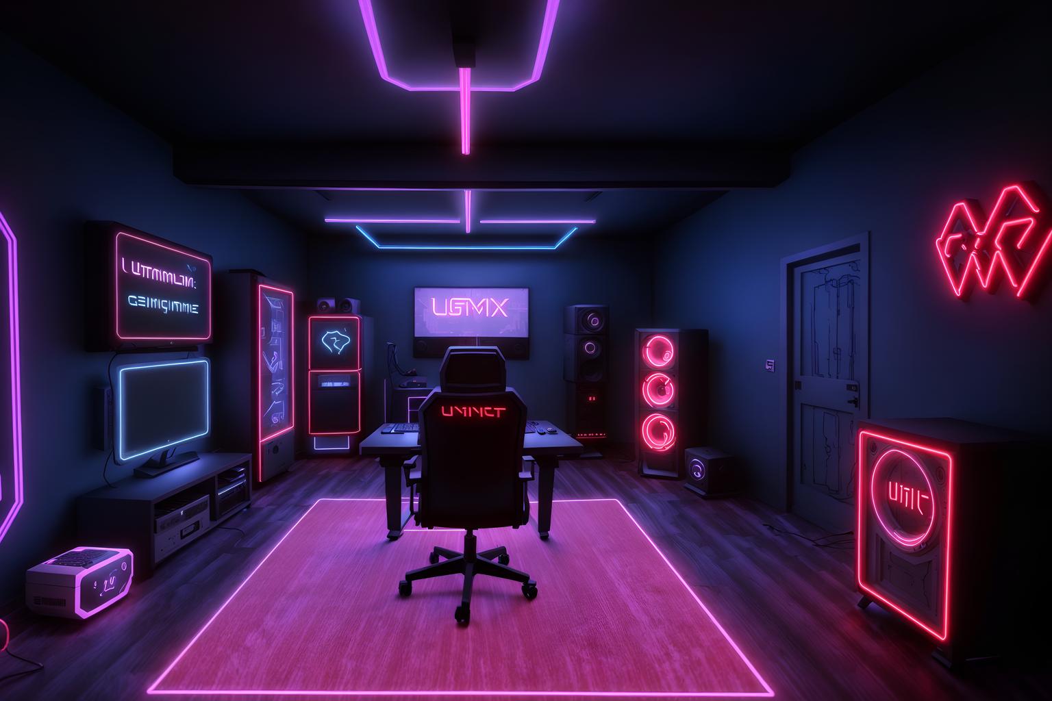 gaming room-style (attic interior) . with neon letters on wall and computer desk with computer displays and keyboard and neon lights and speakers and purple, red and blue fade light and dark walls and dark room and gaming chair. . cinematic photo, highly detailed, cinematic lighting, ultra-detailed, ultrarealistic, photorealism, 8k. gaming room interior design style. masterpiece, cinematic light, ultrarealistic+, photorealistic+, 8k, raw photo, realistic, sharp focus on eyes, (symmetrical eyes), (intact eyes), hyperrealistic, highest quality, best quality, , highly detailed, masterpiece, best quality, extremely detailed 8k wallpaper, masterpiece, best quality, ultra-detailed, best shadow, detailed background, detailed face, detailed eyes, high contrast, best illumination, detailed face, dulux, caustic, dynamic angle, detailed glow. dramatic lighting. highly detailed, insanely detailed hair, symmetrical, intricate details, professionally retouched, 8k high definition. strong bokeh. award winning photo.